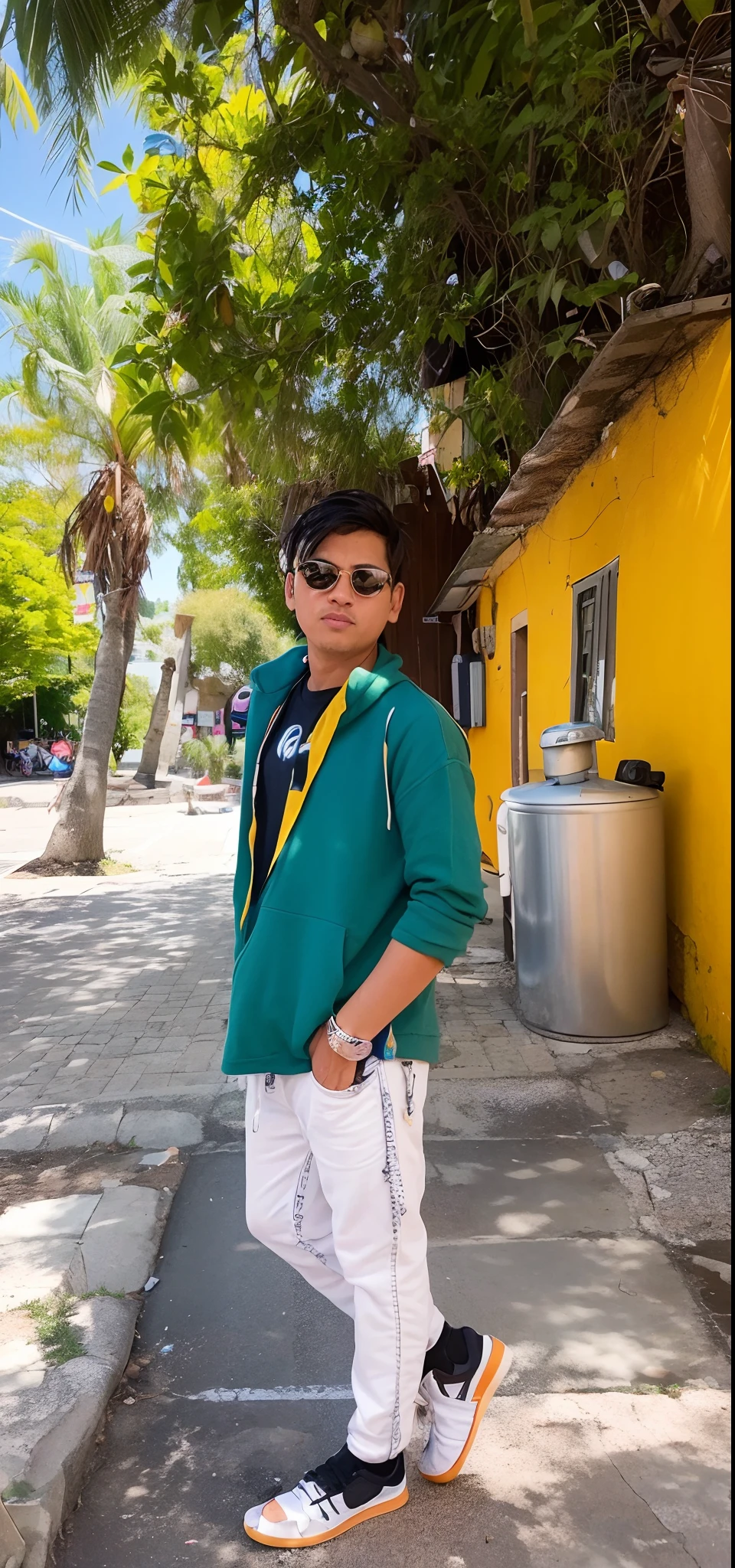 there is a man standing on a sidewalk with a skateboard, ayan nag, with a cool pose, colorful picture, stylish pose, very very low quality picture, with lovely look, shot on nikon z9, * colour splash *, in sunny weather, taken with sony alpha 9, very artistic pose, candid picture, viral post, with accurate face, with village