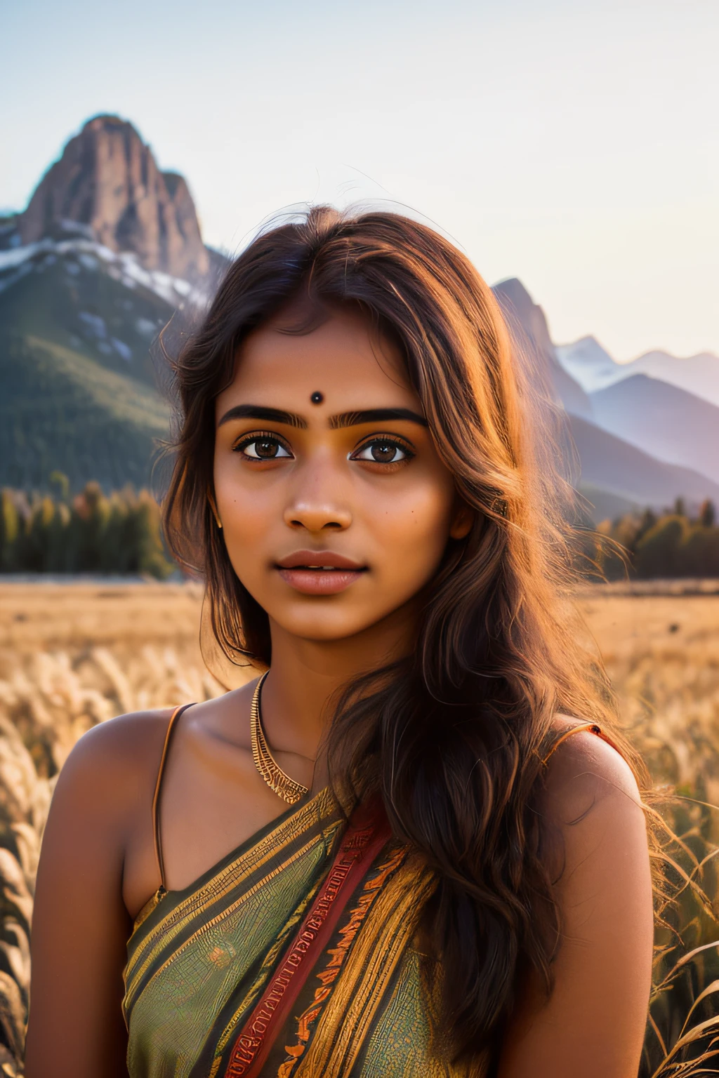 young Indian girl, fair complection, 18-year-old, green background, mountains ,village backgound ultra hd photo, happy , seductive looks, woman((upper body selfie,, masterpiece, best quality, ultra-detailed, solo, outdoors, (night), mountains, nature,, clear sky, analog style (look at viewer:1.2) (skin texture) (film grain:1.3), (warm hue, warm tone) 400 camera f1.6 lens rich colors hyper realistic lifelike texture