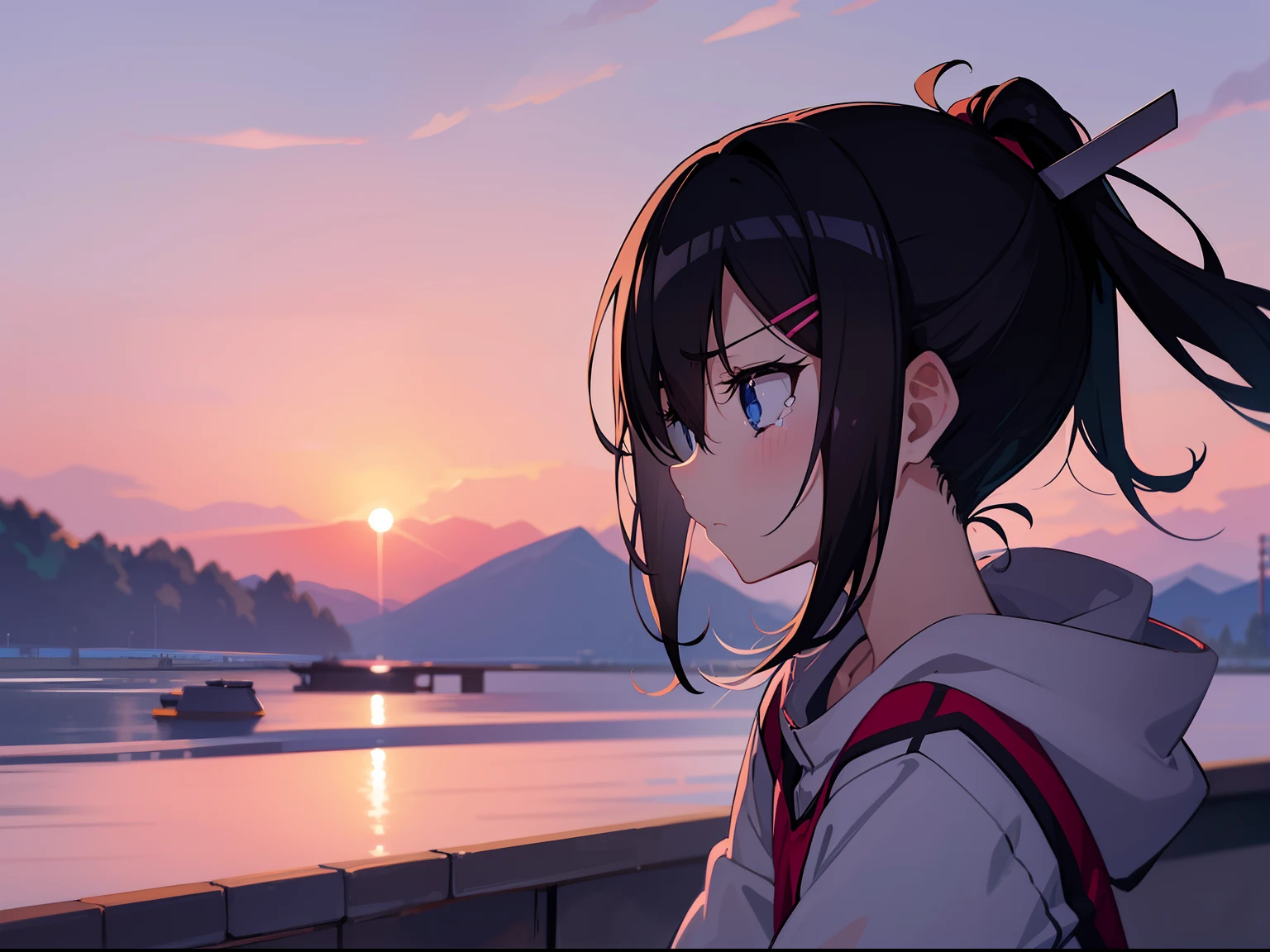 looks to the side, Looking into the distance, full bodyesbian, Physical education sitting, black hair, ponytail, floating hair, expressive hair, hairclip, x hair ornament, empty eyes, furrowed brow, sad, tearing up, sulking, frustrated, anime, anime style, anime style, 4K