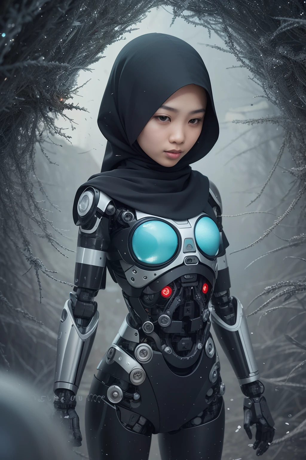 Photograph a Malay girl in hijab with a swarm of tiny robotic companions, illustrating the harmonious relationship between her and advanced technology