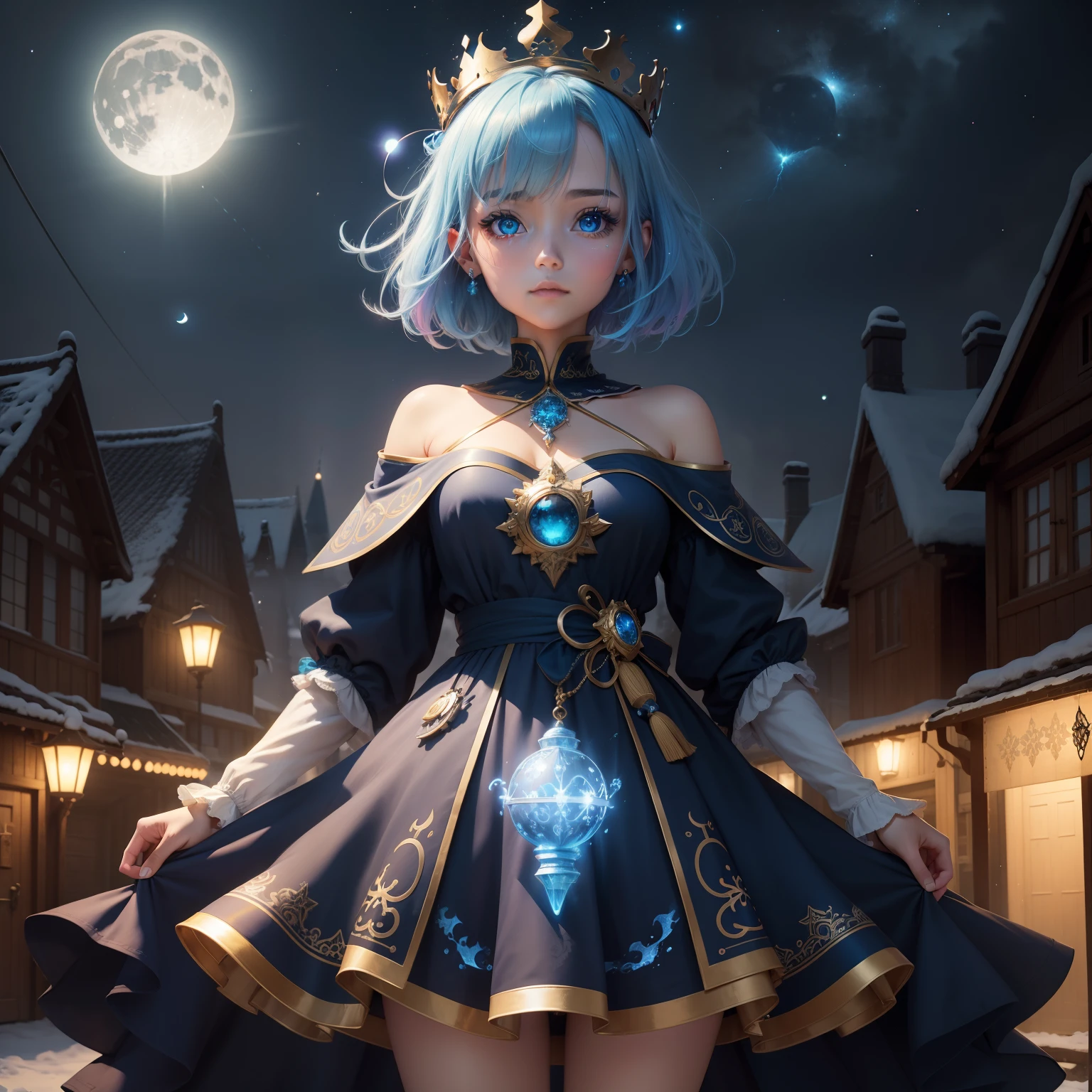 Night, ((1 girl)), Alone, masutepiece, hight resolution, absurderes, high quality background, Short hair, Bronze Hair, Multicolor Hair, Beautiful frozen village, (Bright moon full), Blue Dress, detailed dress, Jewelry Dresses, (Magic:1.2), blue fire, Blue eyes, Glowing eyes, fire, Ice Goddess, (Beautiful crown with blue details), electricity, Blue Electric, Cyan light particles、big eye、Celtic