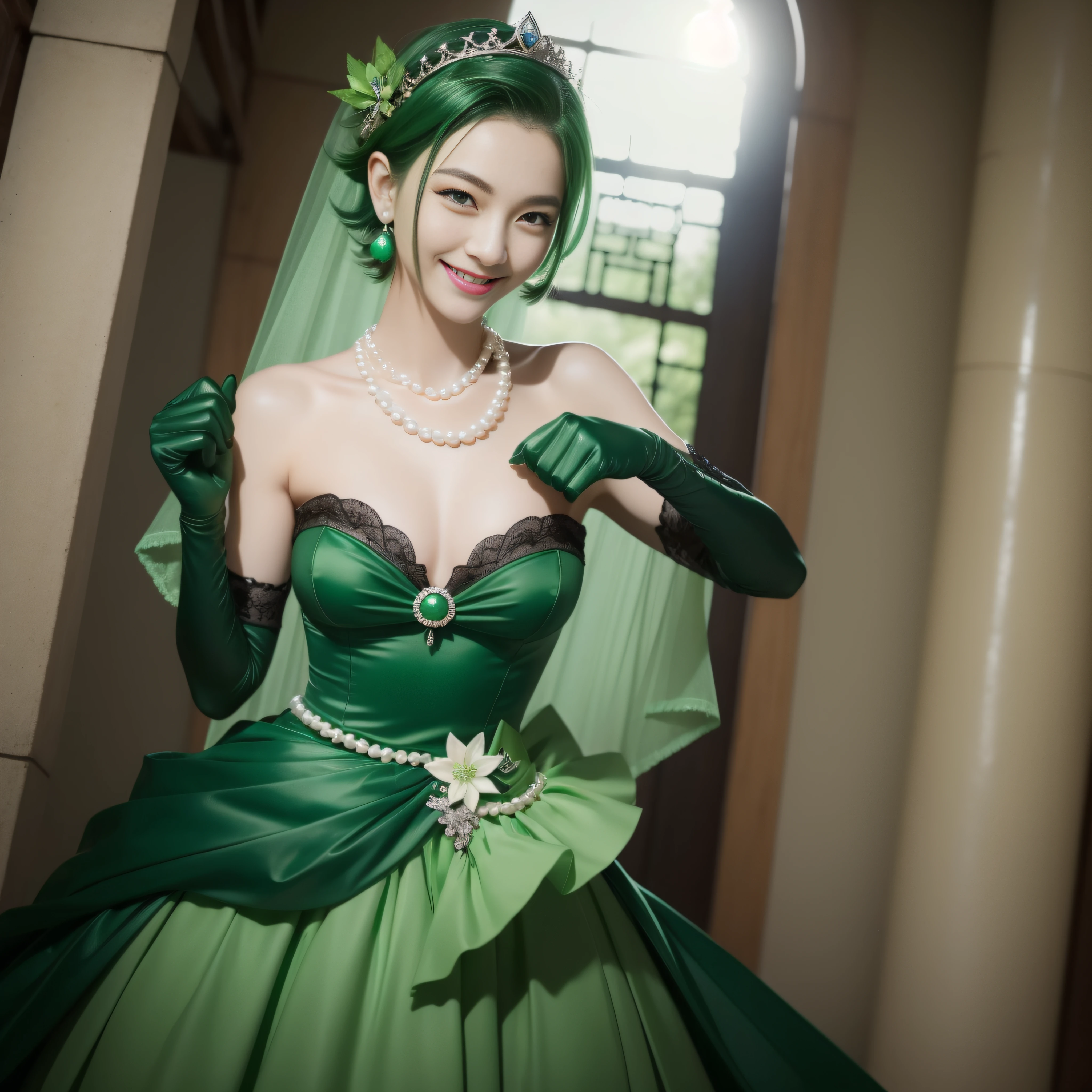 Boyish very short green hair, lipsticks, Japan woman smiling, Green Long Grove, emerald tiara, Pearl Necklace, Green eyes