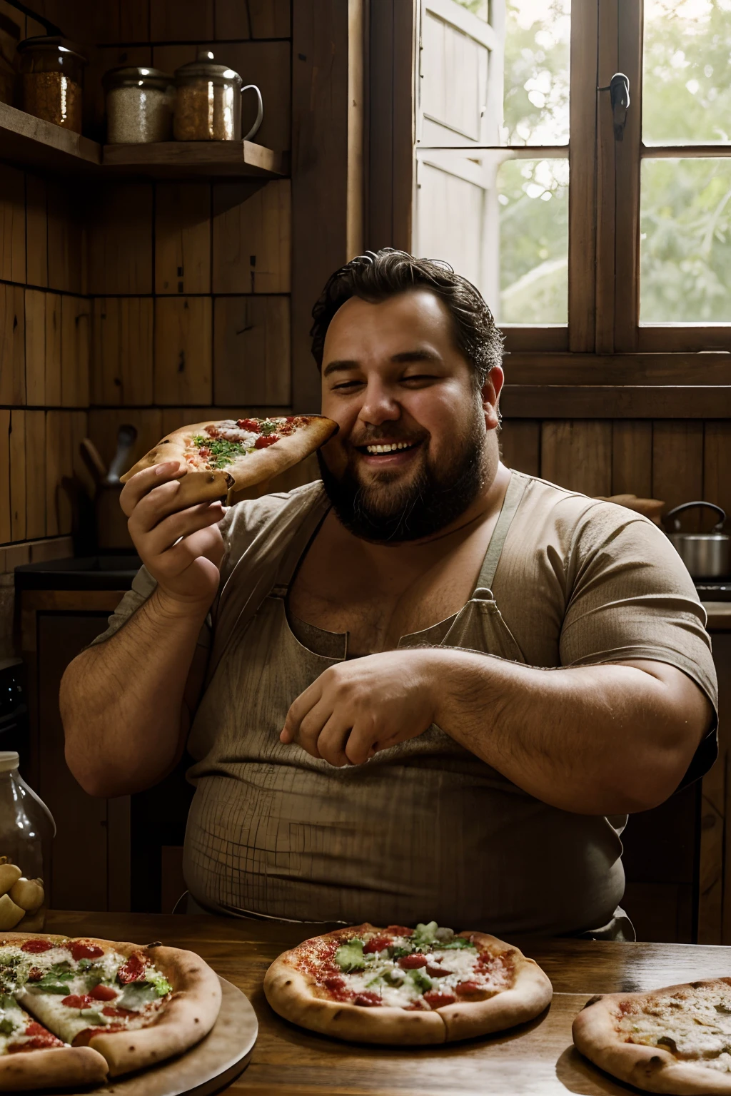Capture a scene that vividly depicts the indulgence and gluttony of one ((homem bem gordo)). The man is sitting at a rustic farm table in a cozy kitchen flooded with cute, warm sunlight coming in through a window. The atmosphere exudes the charm of a rustic farmhouse, with weathered wooden furniture and a homely atmosphere.The central focus of the scene is the deliciously fat man who looks with unabashed happiness at the party placed before him. The table is adorned with an extravagant spread, incluindo fatias de ((pizza, fresh bread, uma variedade de bebidas, Bolos, e doces)). His hands eagerly reach for another slice of pizza, His face glowed with pure satisfaction.Trouble-free window lighting projects, sombras naturais, enhancing the depth and realism of the scene. O fundo deve ser intencionalmente desfocado para acentuar o homem e sua festa, criando um contraste visual impressionante.The illustration should be ultra-realistic and hyper-detailed, to capture all the nuances of man's expression, as texturas dos alimentos, and the rustic details of the kitchen. Viewers should be able to appreciate the sheer joy on man's face and the tantalizing allure of food.Rendering must be ultra-thin, with 8K resolution, garantindo que cada detalhe seja cristalino, making the illustration incredibly realistic.This scene encapsulates the theme of indulgence and gluttony in a warm and inviting farmhouse setting, tell a story through the expression of man and the abundance of food.