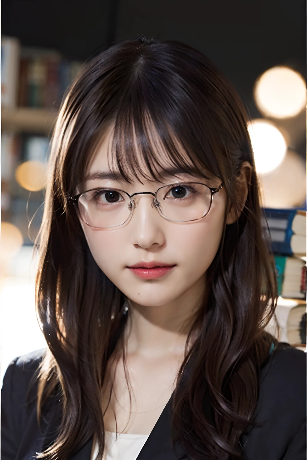 (8K、Raw photography、top-quality、masterpiece:1.2)、(realisitic、Photorealsitic:1.37)、ultra-detailliert、超A high resolution、女の子 1 人、29yo、see the beholder、beautifull detailed face、Smile、Constriction、(Slim waist) :1.3)、Blazer、Beautiful detailed skin、Skin Texture、Floating hair、Hair bunched into one、large breasts with good shape、Professional Lighting、Autumn twilight、book library、(((Black square glasses )))、Whole human body、Black hair、((Shameful appearance))、Accept books、