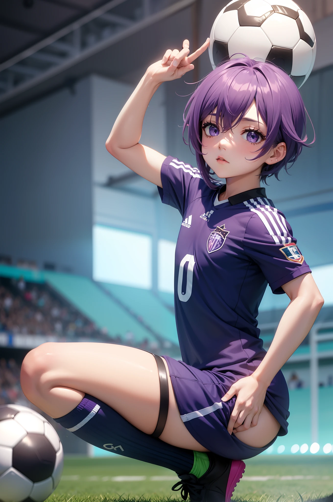 enino anime chutando uma bola de futebol com um fundo roxo, soccer uniform,cabelo roxo