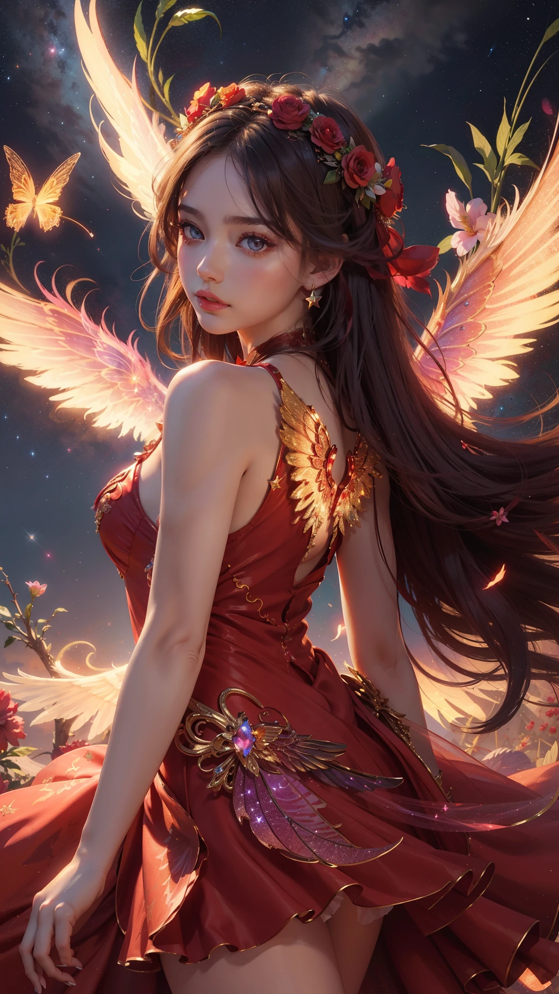 4k ultra hd, masterpiece, a girl, good face, detailed eyes, detailed lips, flower fairy girl, big wings, transparent red wings, neon lights, magnificent background, red dress, flower crown, starry sky background, divine light, attractive pose,