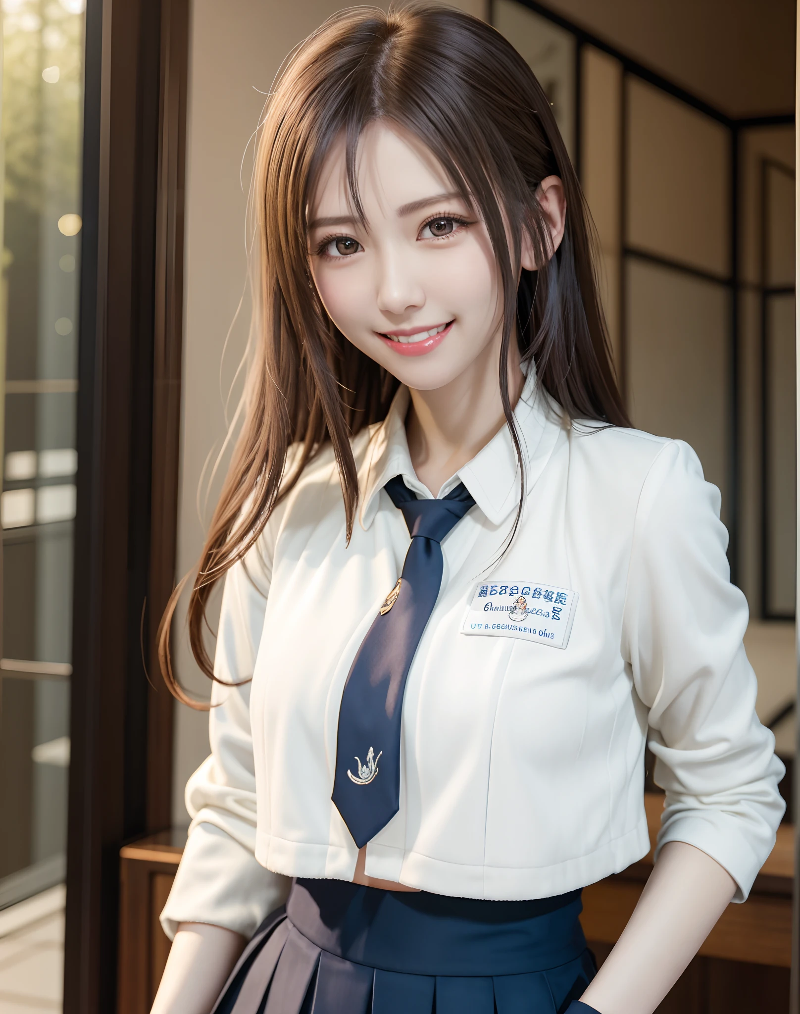 (a beautiful detailed korean lady, with piercing red eyes, short multicolored hair, ample bosom, wearing a white shirt, black choker, blue necktie, and plaid skirt, smiling and grinning in studio, (best quality,4k,8k,highres,masterpiece:1.2),ultra-detailed,(realistic,photorealistic,photo-realistic:1.37),HDR,UHD,studio lighting,ultra-fine painting,sharp focus,physically-based rendering,extreme detail description,professional,vivid colors,bokeh)