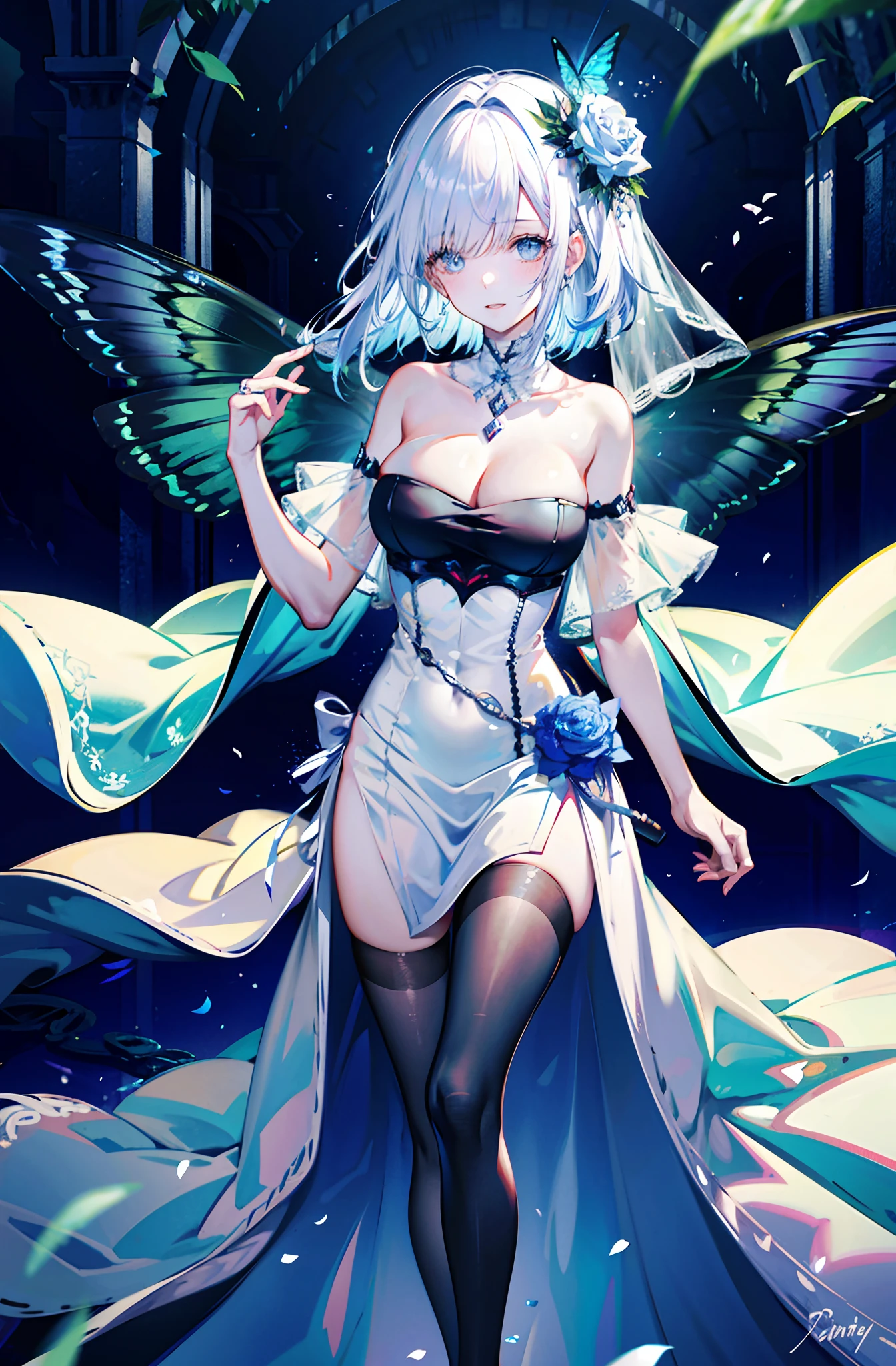 silber hair,butterflys,long whitr hair,8k wallpaper,Highest high resolution,deep v big breasts,Hair over eyes,Bandeau,Bandeau wedding dress,White rose,tight-fitting,stocklings,