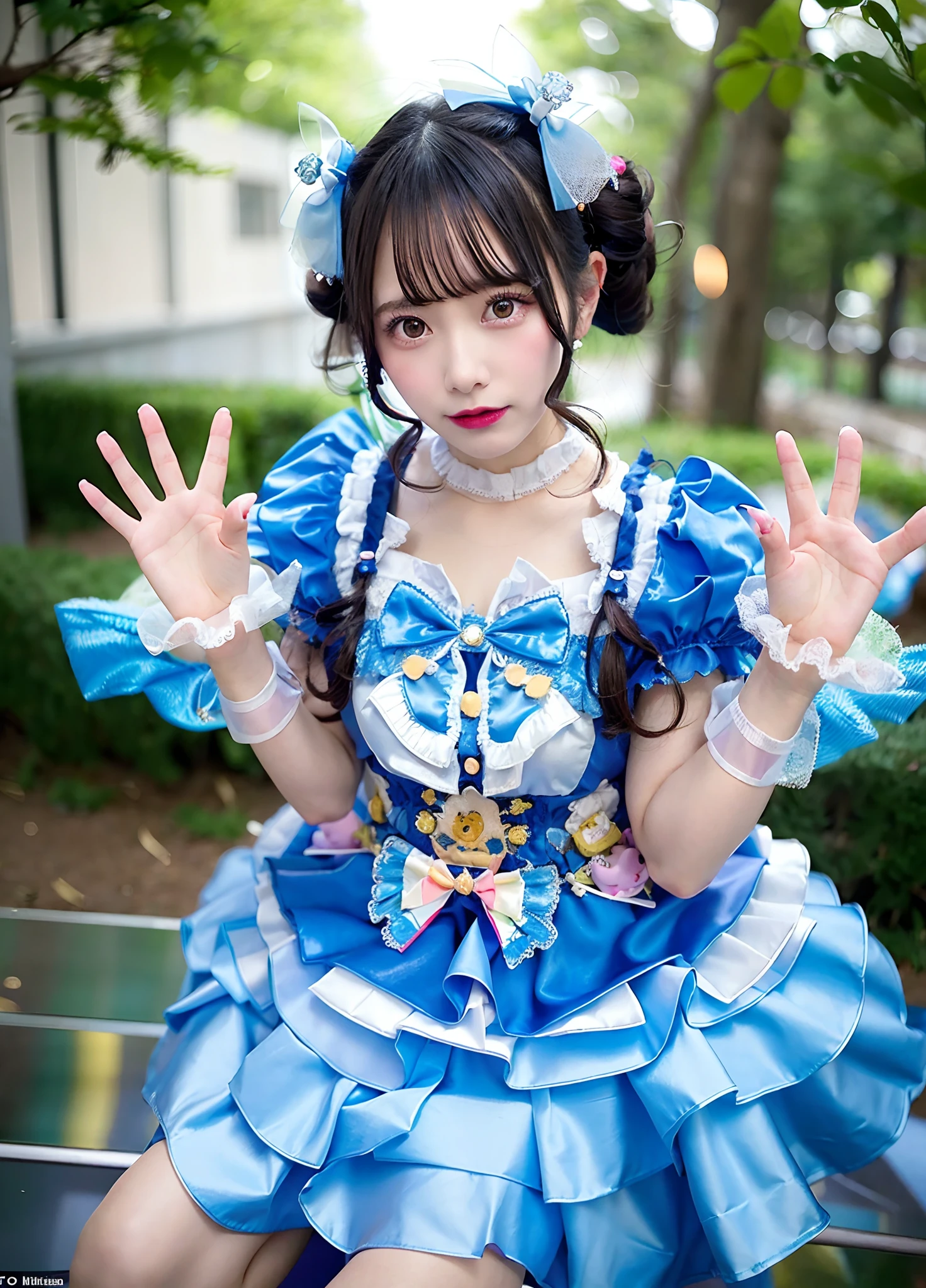 Woman in blue satin dress posing for photo, angelic pretty, Belle Delphine, fairycore, kawaii decora rainbowcore, portrait of the magical ta girl, Lolityle, y 2 k cutecore clowncore, cutecore, Lolita Fon, by Ayami Kojima, kinomoto sakura, Satin costume with frills, Lori, juri misaki