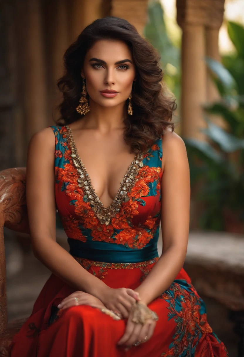 "Describe a scene of a stunning woman sitting facing the camera, radiating confidence, enquanto concede uma entrevista fascinante sobre sua jornada de sucesso."