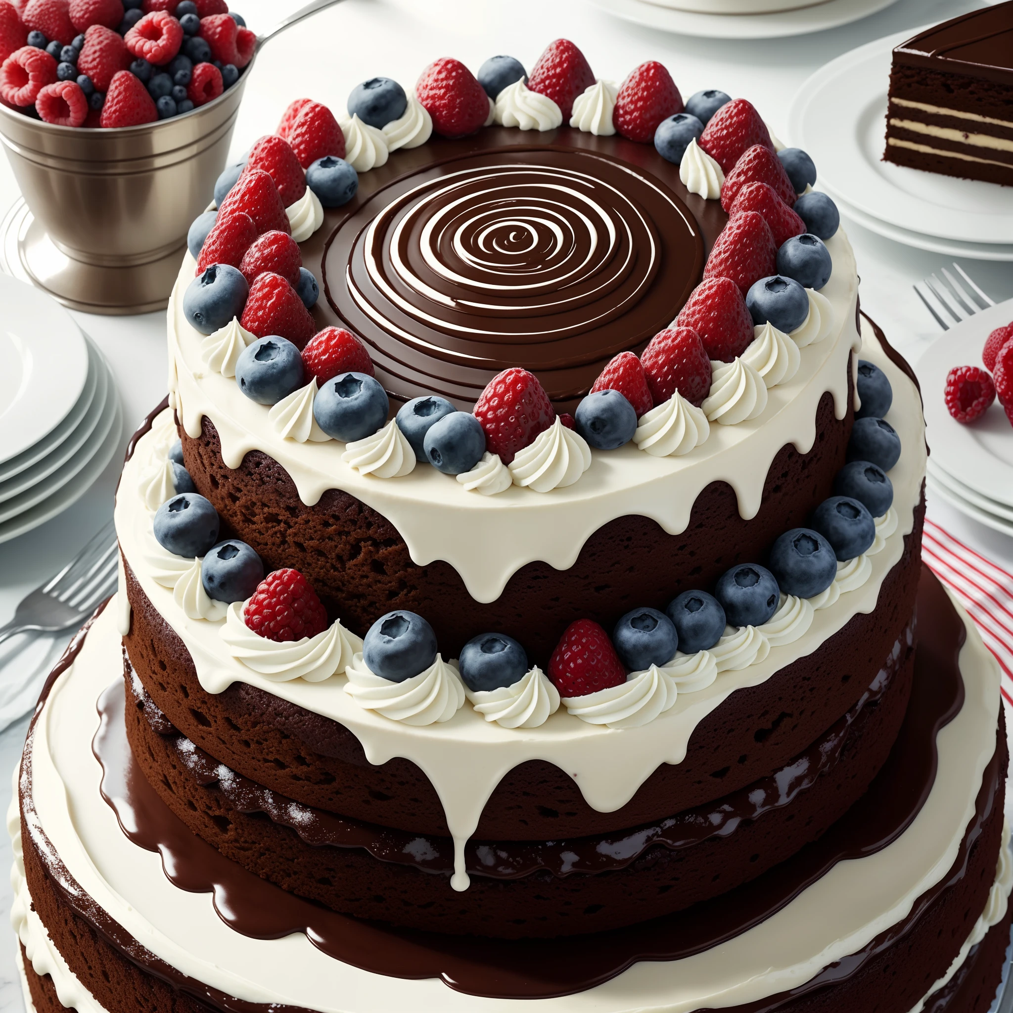 cake photo,highres,luscious,delicious layers,rich chocolate ganache,creamy buttercream frosting,scrumptious berries,fine details,tempting colors,captivating composition,exquisite dessert,showstopper centerpiece,bakery masterpiece,meticulous decoration,vibrant sprinkles,festive atmosphere,wonderful aroma,sweet indulgence,celebratory occasion, mouthwatering treat