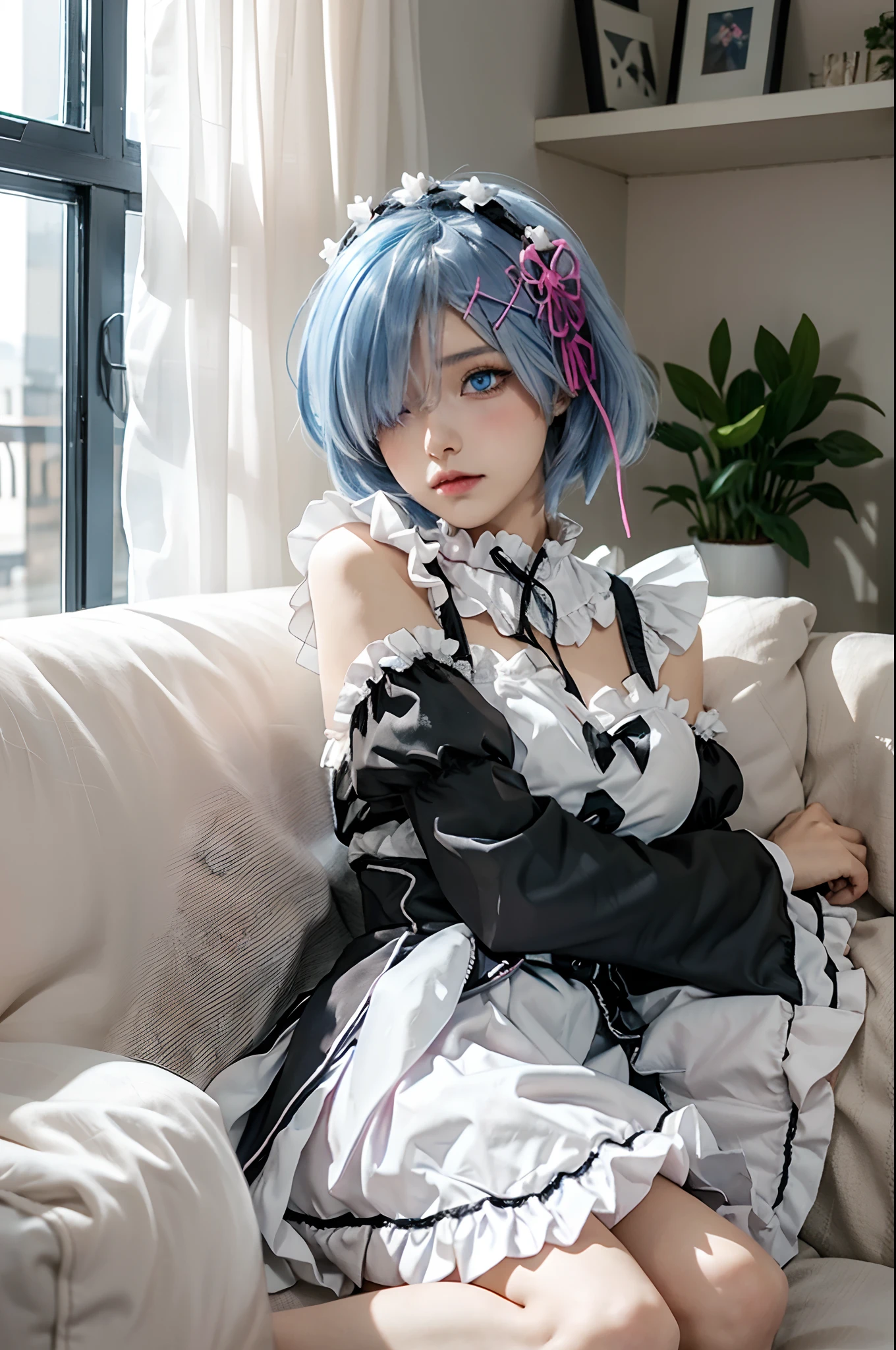 R_E_M, 1girl,(beautiful face:1.25) short blue hair, blue eyes, hair over one eye, hair ornament, pink hair ribbon, rem's maid uniform, detached sleeves,  upper body,,indoors, living room,sleep on sofa, window