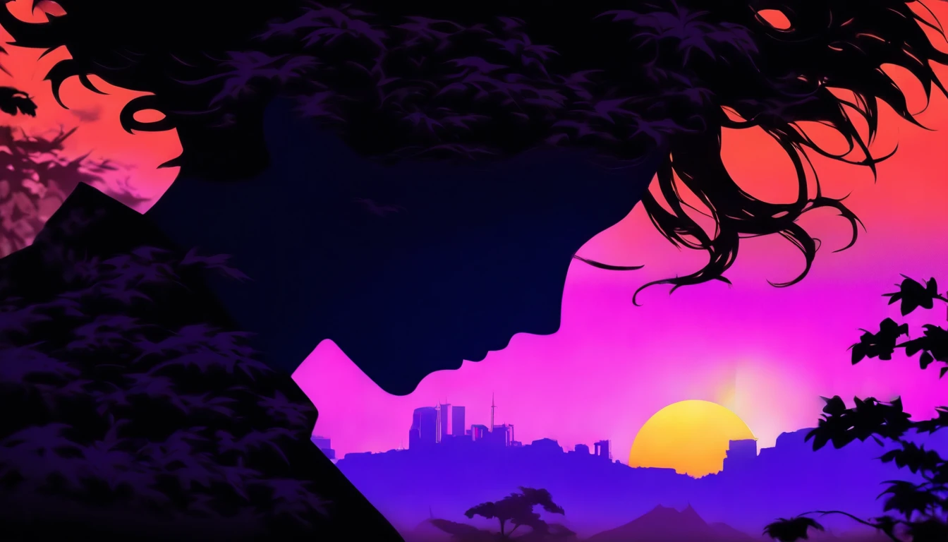 (Silhouette Art,cutouts:1.6)
(((Paper cutting art,A world where only black exists:1.3)

(Cowboy Shot),1 girl,Solo,
(Kimono Girl,profile:1.2),white, Clear and beautiful face,Sunrise behind

break
(morning glow、Viola　bloo:6.1)
Textured glass background,