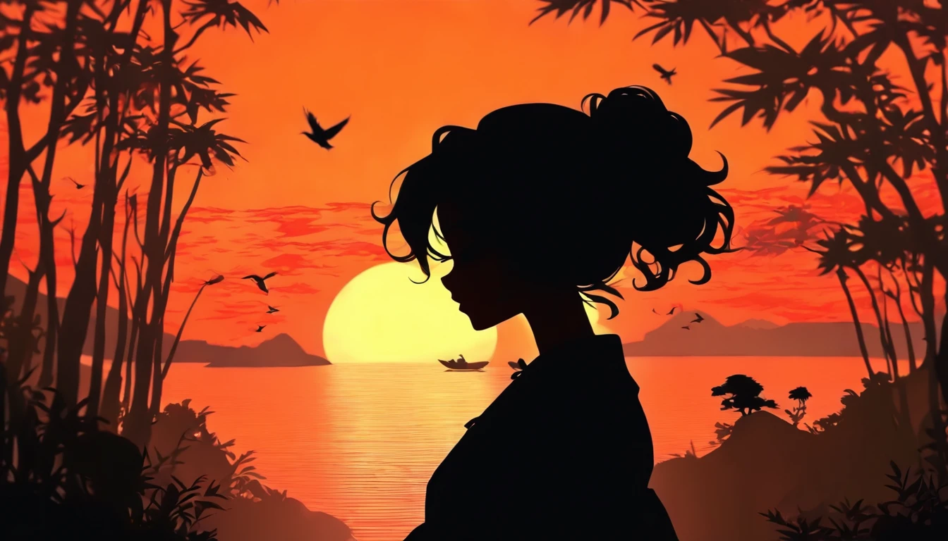 (Silhouette Art,cutouts:1.6)
(((Paper cutting art,A world where only black exists:1.3)
(Cowboy Shot),1 girl,Solo,
(Kimono Girl,profile:1.2),white, Clear and beautiful face,Sunrise behind
break
(morning glow、Viola bloo:6.1)
Textured glass background,