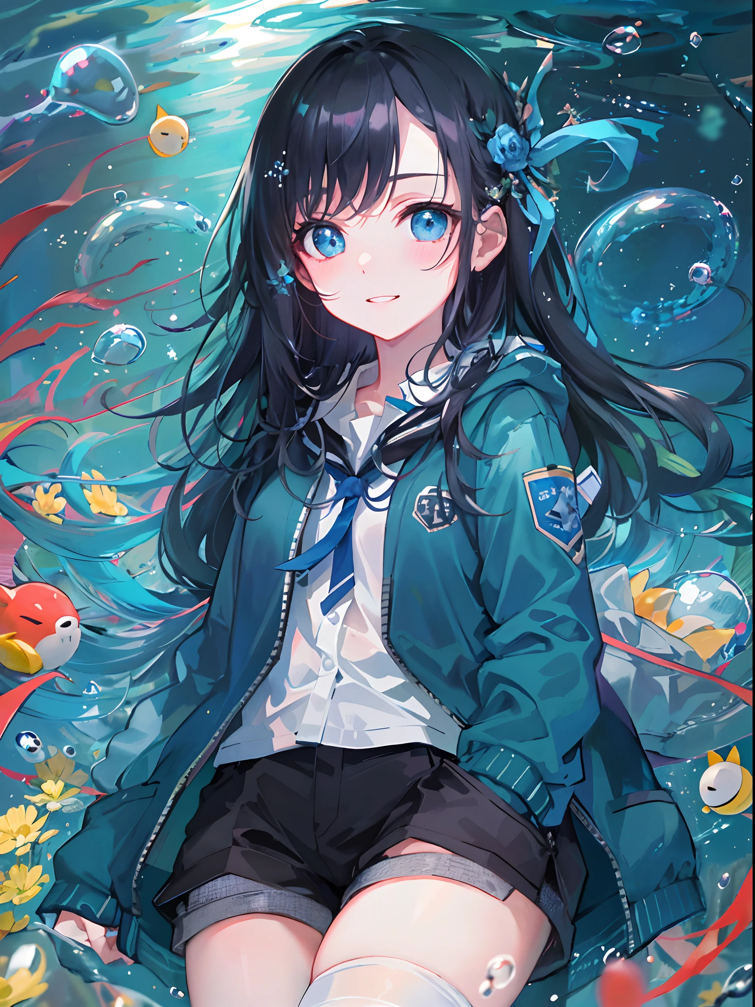 ((top-quality)), ((​masterpiece)), ((ultra-detailliert)), (extremely delicate and beautiful), girl with, 独奏, cold attitude,((Black jacket)),She is very(relax)with  the(Settled down)Looks,A dark-haired, depth of fields,evil smile,Bubble, under the water, Air bubble,bright light blue eyes,Inner color with black hair and light blue tips,Cold background,Bob Hair - Linear Art, shortpants、knee high socks、White uniform like school uniform、Light blue ribbon ties、Clothes are sheer、Hands in pockets、Bright eyes like sapphires