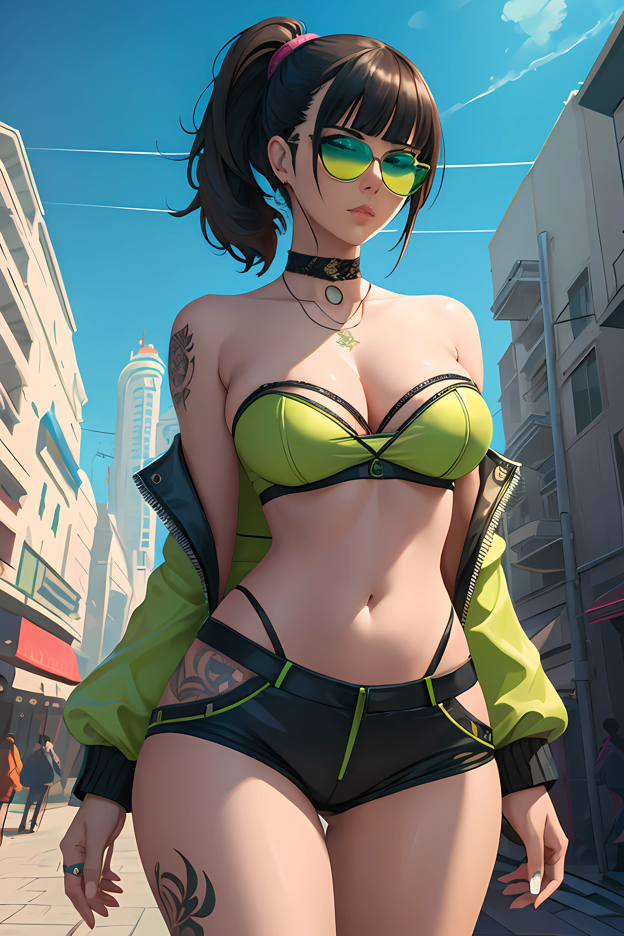 Masterpiece, digital artwork , A gorgeous woman, lime-green biker jacket, strapless tubetop underneath the jacket, shorts, (round tinted_glasses), side shaved hair, neck tattoo, front bangs, stylized hair, high and wide mid-riff, navel, highly detailed, intricately detailed, underboob, futuristic city background, art in the style of Ilya kuvshinov,
