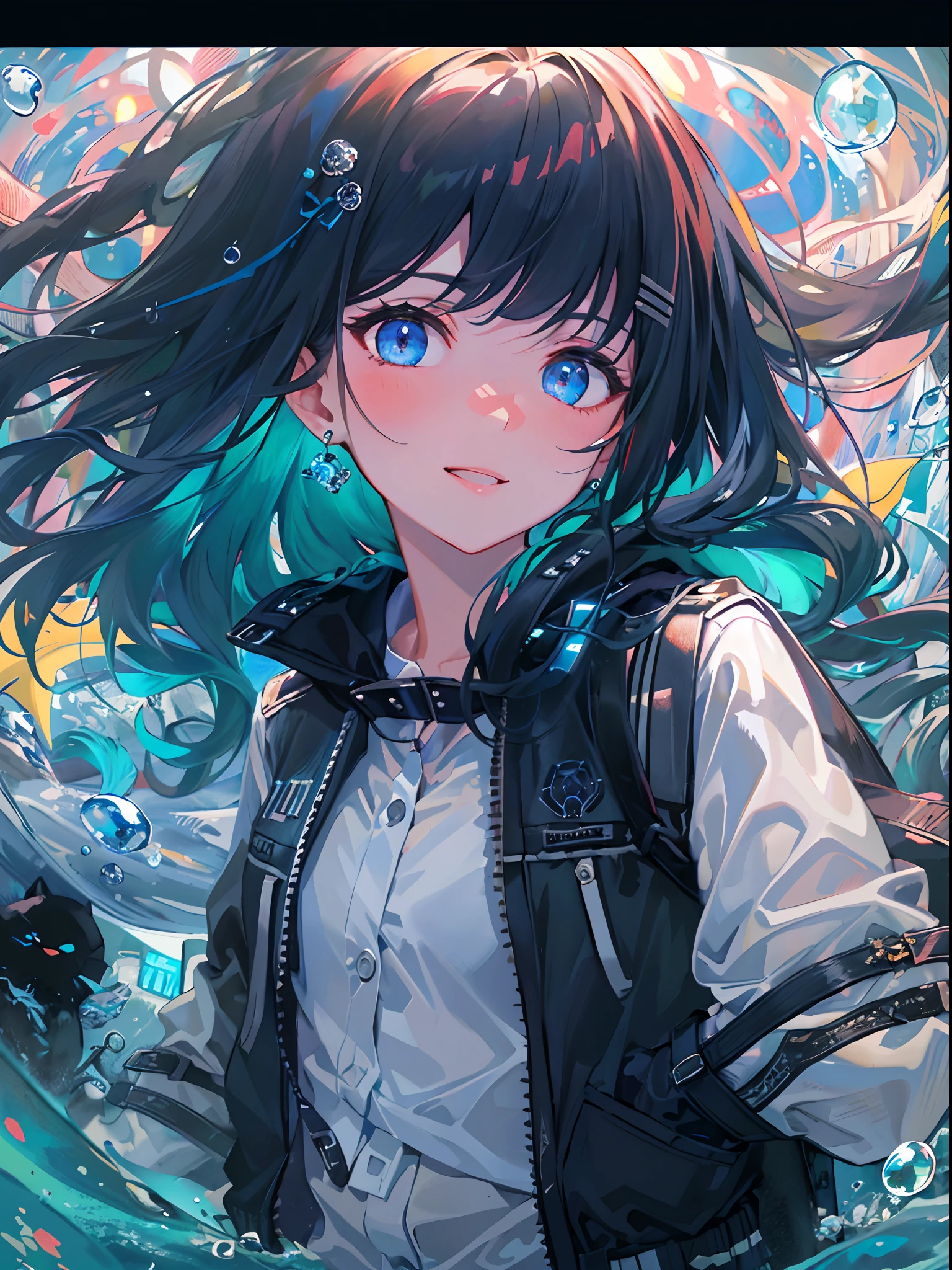 ((top-quality)), ((masterpiece)), ((ultra-detailliert)), (extremely delicate and beautiful), girl with, 独奏, cold attitude,((Black jacket)),She is very(relax)with the(Settled down)Looks,A dark-haired, depth of fields,evil smile,Bubble, under the water, Air bubble,bright light blue eyes,Inner color with black hair and light blue tips,Cold background,Bob Hair - Linear Art, shortpants、knee high socks、White uniform like school uniform、Light blue ribbon ties、Clothes are sheer、Hands in pockets、Bright eyes like sapphires