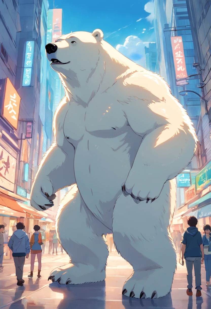 ((foto crua)), ((obra-prima)), Anthropomorphic humanoid polar bear bodybuilder wearing streetwear, andando entre as pessoas, detalhe intrincado, intricate Greebles pieces, city behind, casaco, corpo musculoso, muscular arms, small head, trapeze, Ogro monstruoso, Titan, soft-lighting