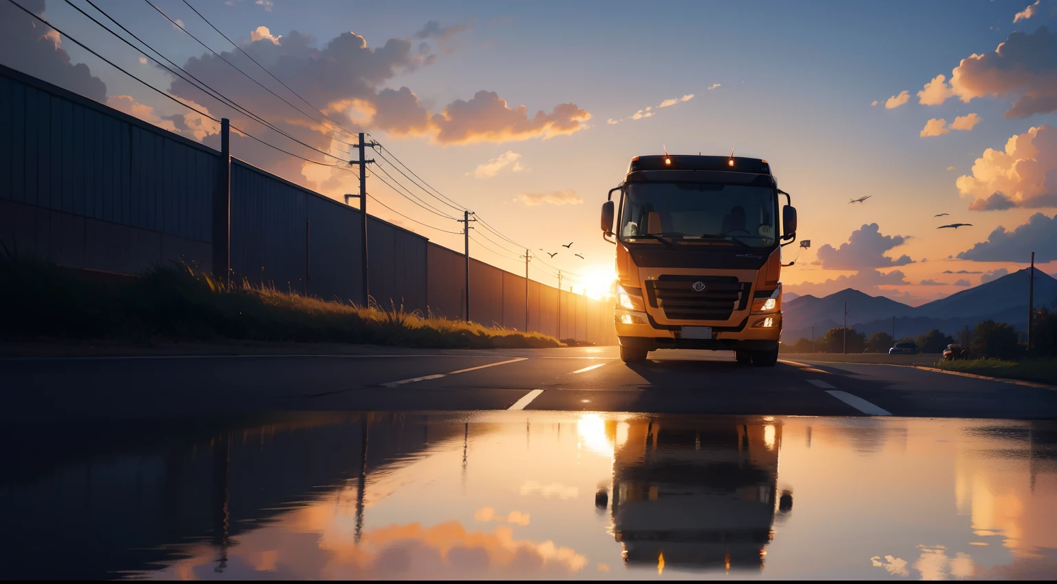 A truck at sunset time, Reflections of the sun the wind the birds, 8K , real