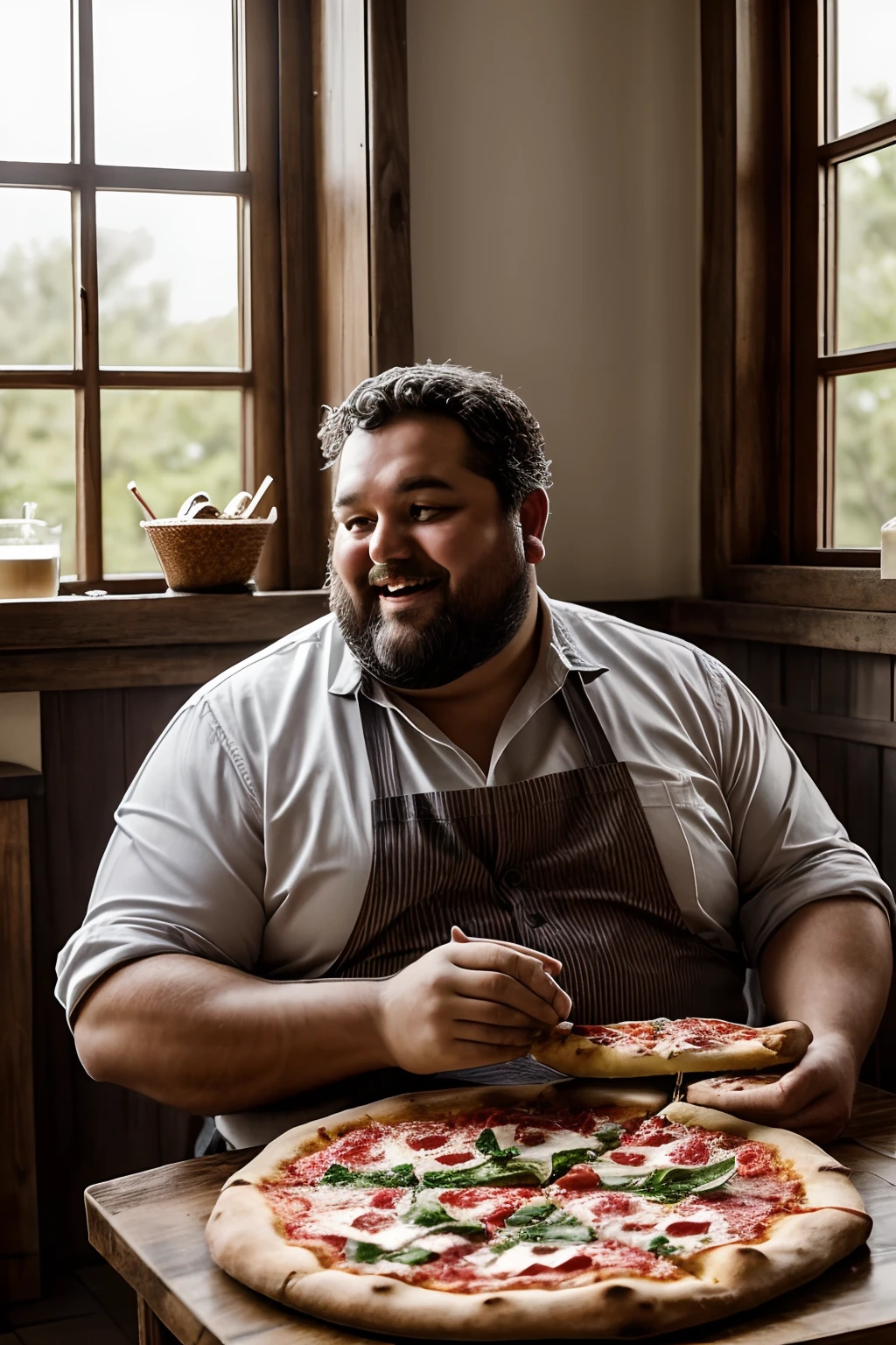 Capture a scene that vividly depicts the indulgence and gluttony of one ((homem bem gordo)). The man is sitting at a rustic farm table in a cozy kitchen flooded with cute, warm sunlight coming in through a window. The atmosphere exudes the charm of a rustic farmhouse, with weathered wooden furniture and a homely atmosphere.The central focus of the scene is the deliciously fat man who looks with unabashed happiness at the party placed before him. The table is adorned with an extravagant spread, incluindo fatias de ((pizza, fresh bread, uma variedade de bebidas, Bolos, e doces)). His hands eagerly reach for another slice of pizza, His face glowed with pure satisfaction.Trouble-free window lighting projects, sombras naturais, enhancing the depth and realism of the scene. O fundo deve ser intencionalmente desfocado para acentuar o homem e sua festa, criando um contraste visual impressionante.The illustration should be ultra-realistic and hyper-detailed, to capture all the nuances of man's expression, as texturas dos alimentos, and the rustic details of the kitchen. Viewers should be able to appreciate the sheer joy on man's face and the tantalizing allure of food.Rendering must be ultra-thin, with 8K resolution, garantindo que cada detalhe seja cristalino, making the illustration incredibly realistic.This scene encapsulates the theme of indulgence and gluttony in a warm and inviting farmhouse setting, tell a story through the expression of man and the abundance of food.