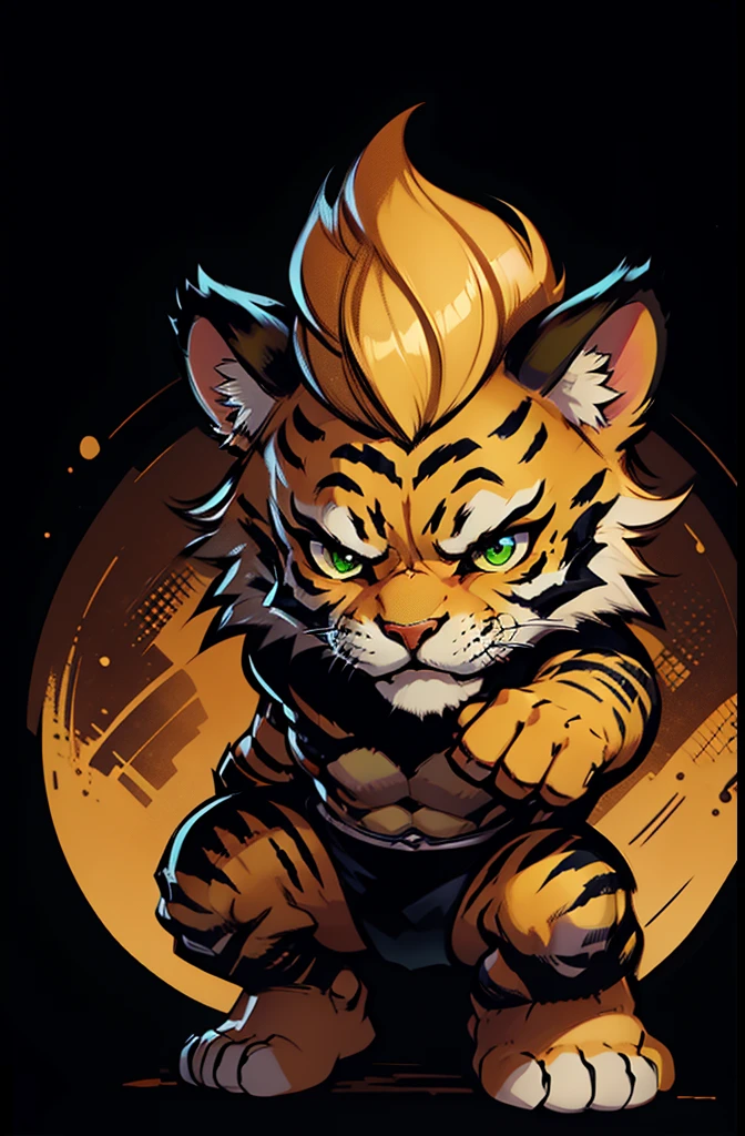1young tiger,warrior, chibi, anthropomorphic, golden fur, big green eyes, simple dark background, agressive pose, more athletic for speed