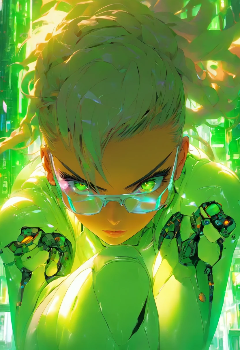 Glasses,Bobcut hairstyle, a woman with green eyes wearing glasses and a white jacket, biomechanical oppai, oppai cyberpunk, cute cyborg girl, beautiful alluring female cyborg, perfect anime cyborg woman, beutiful girl cyborg, (cybernetic), ultra detailed female android, cyberpunk anime girl, female cyberpunk anime girl, beautiful cyborg girl, beautiful cyborg priestess, perfect android girl