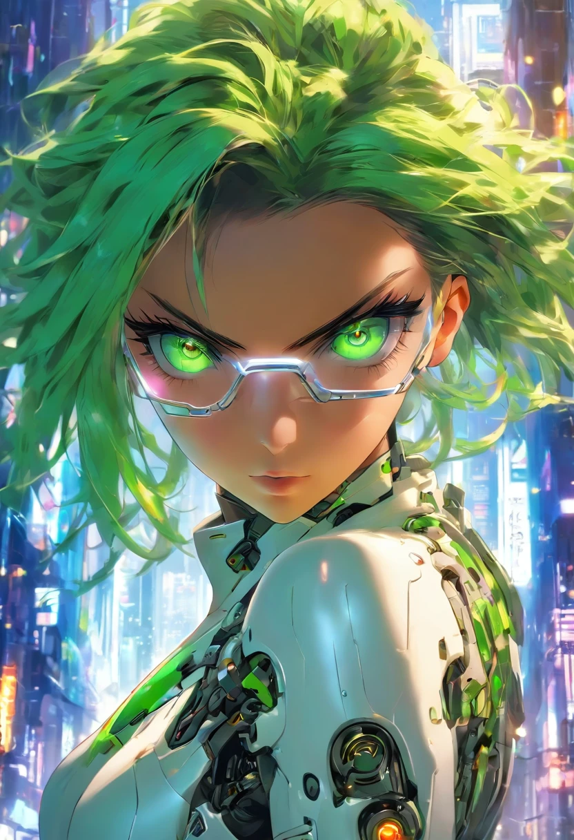 Glasses,Bobcut hairstyle, a woman with green eyes wearing glasses and a white jacket, biomechanical oppai, oppai cyberpunk, cute cyborg girl, beautiful alluring female cyborg, perfect anime cyborg woman, beutiful girl cyborg, (cybernetic), ultra detailed female android, cyberpunk anime girl, female cyberpunk anime girl, beautiful cyborg girl, beautiful cyborg priestess, perfect android girl