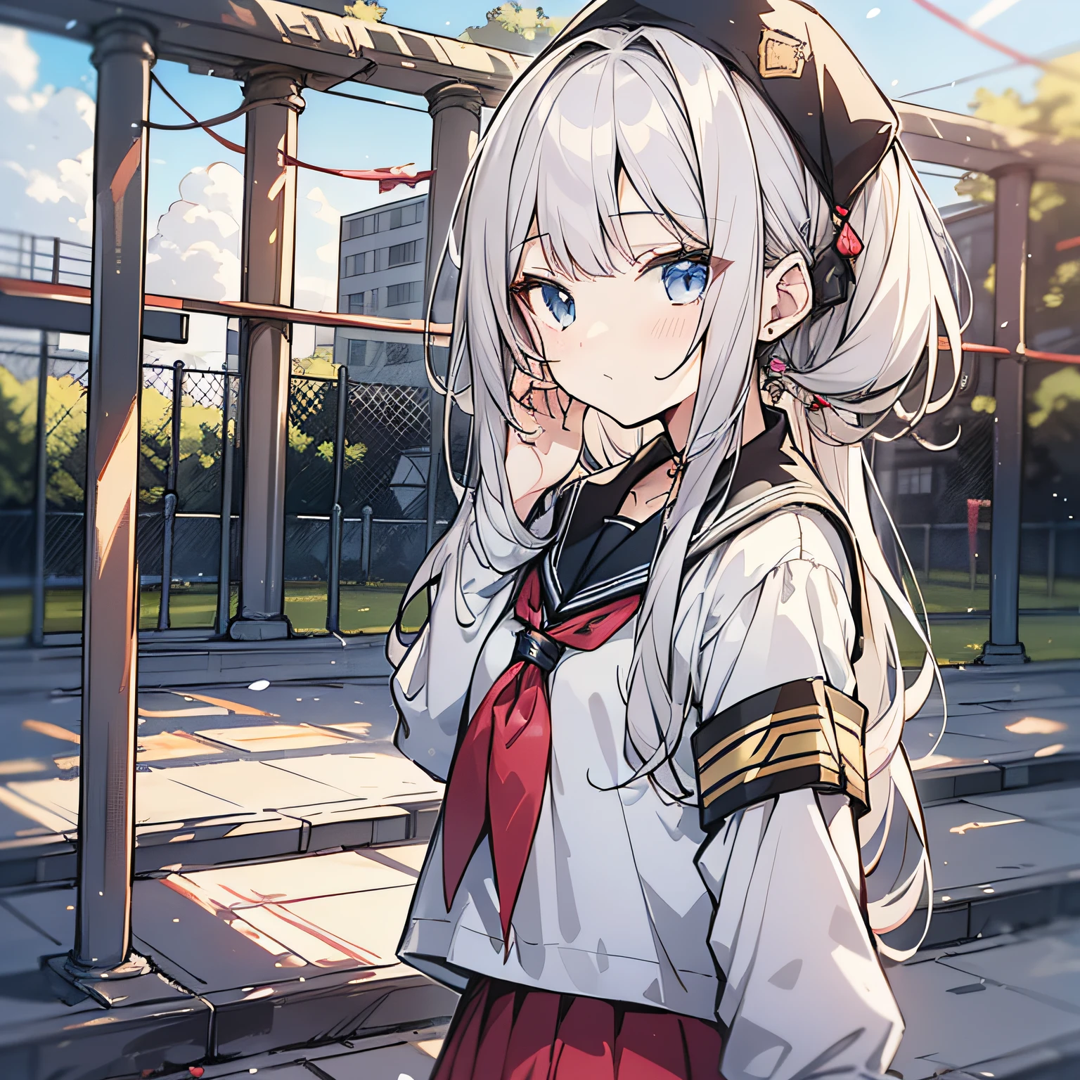 Around 18 years old, young anime man，Short yellow hair 1.5，Wearing a white school uniform and a girl with long white hair standing on the school playground（Half squinted 1.5）（The background is on the school playground：1.5），Anime style 4K，Anime rendering，style of anime，8K fineness，（Upper body display：1.5）（Cinematic lighting：1.5）