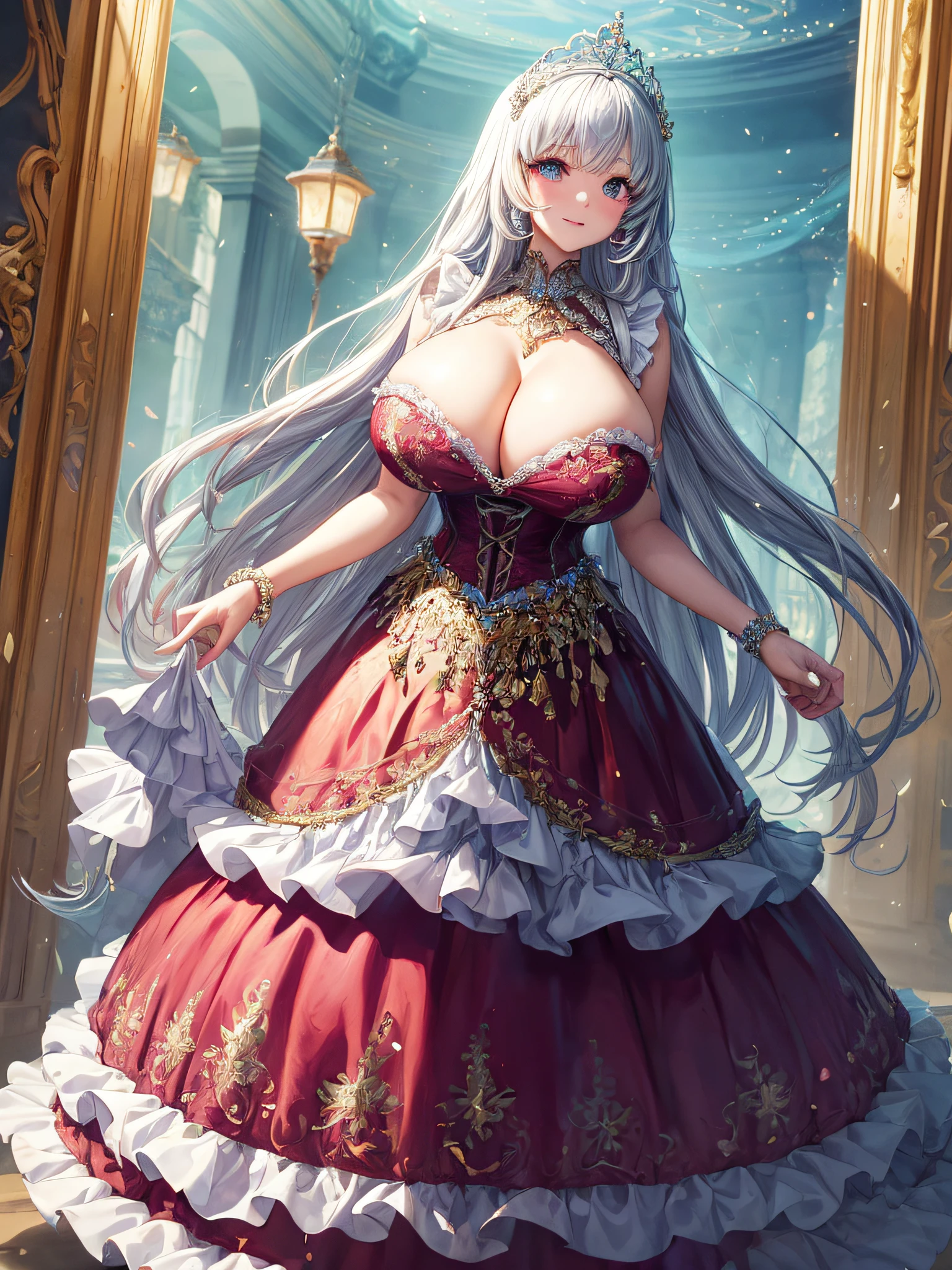 (masterpiece, best quality,extremely detailed:1.1),(moe anime art style:1.2),1girl,((full body)),((solo)), cute, kawaii,digital art,((1 bling-bling anime princess wearing beautiful embroidery and jeweled ruffled gorgeous princess ballgown with voluminous full length hoop skirt)),((crinoline)),long train,voluminous frills,(gorgeous embroidery and beautiful lace),((very gigantic boobs,skindentation)),cleavage,shiny hair,(((very long straight hair))),((finely detailed face and eyes)),clear pupil,extremely gorgeousfull hair ornament,(bling-bling jeweled extremely gorgeousfull tiara),(bling-bling gorgeous gemstone jewelry),long veil,beautiful background,fantasy background,flowers,flower petals flowing,full body,((beautiful embroidery and jeweled ruffled gorgeous princess ballgown with voluminous full length hoop skirt))