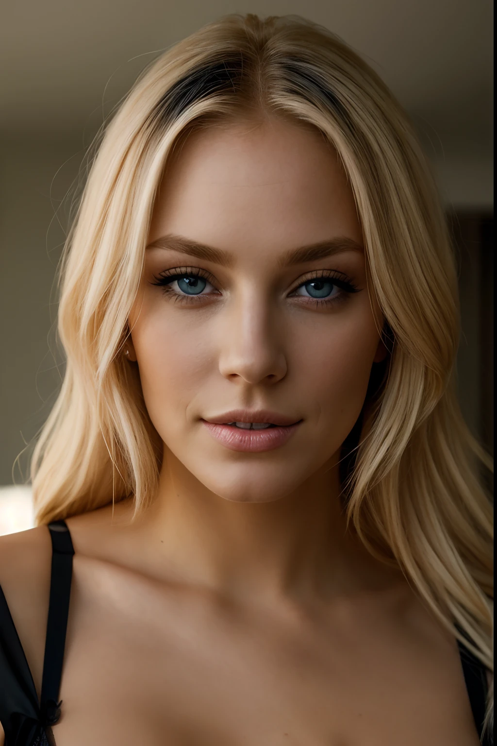blond woman with blue eyes and a black bra top posing for a picture, photo of a beautiful woman, portrait of a beautiful model, beautiful blonde woman, extremely beautiful face, gorgeous attractive face, close-up perfect face, beautiful blonde girl, close up of a blonde woman, attractive beautiful face, stunning closeupheadshot, soft portrait shot 8 k, beautiful perfect face