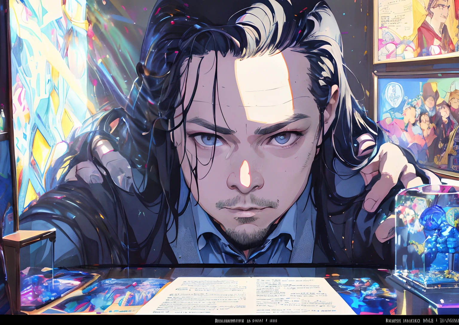 Surrealistic male portraits by David Hockney and Alphonse Mucha, fantasy art, photorealism, dynamic lighting, artstation, poster, volumetric lighting, very detailed faces, 4k, award-winning, 1girl, in the dark, deep shadows, understated, denim photos, (formal wear: 1.4), long hair, gray hair,