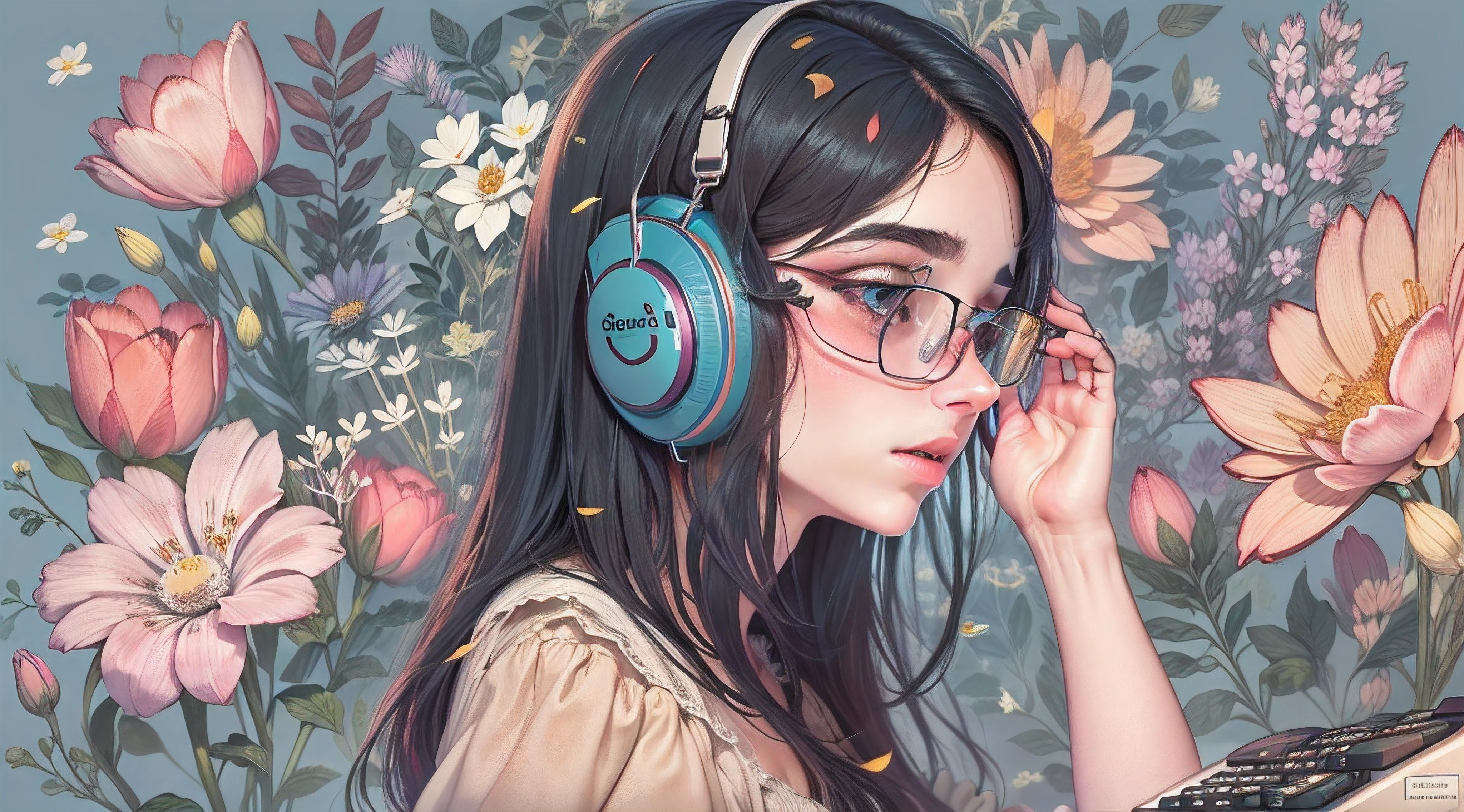 mulher, olhos perfeitos, olhando para o computador, fone de ouvido, quarto, flores, lofi , sentada estudando e olhando para o computador, fone de ouvido, flores