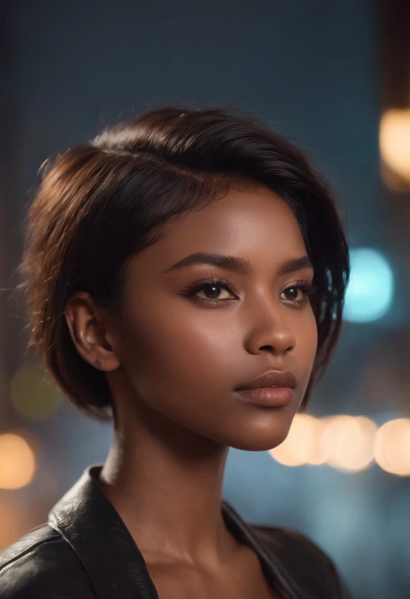 Dark skinned girl with undercut hair, illustrated by aoiro studio and masaaki komori, hyper detailed, neon lights, cinematic lighting, matte painting, illustrated in an oil painting style, trending on artstation, contemporary art, surrealistic and dreamlike atmosphere.