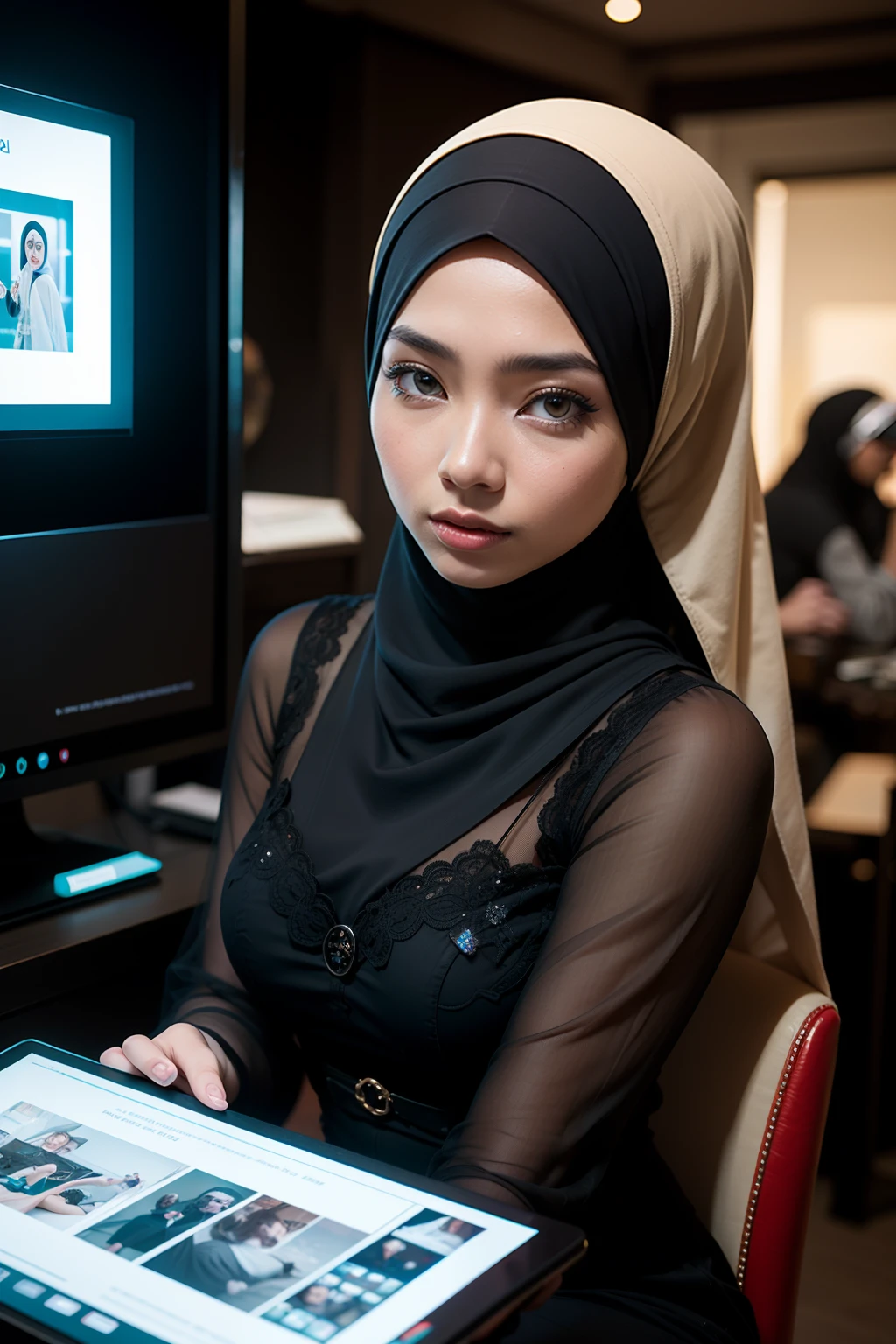 (1 girl), sitting on a chair in an office, ((wearing hijab, wearing shirt, wearing cotton long pants)), shot from above