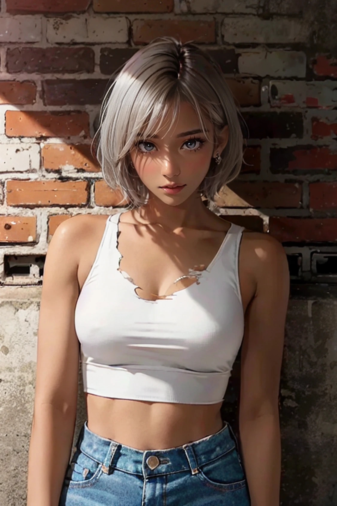 best quality, upper body,intricate details, chromatic aberration,1girl,brown skin (dark skin:1.4),blkmndy, short hair, wolf-cut:1.4,white hair, layered hair, cinematic lighting, gothic makeup, white pupils,sharp eyes,croptop, torn jeans legwear,white shirt, open white shirt,against wall, brick wall, graffiti, dim lighting, alley,