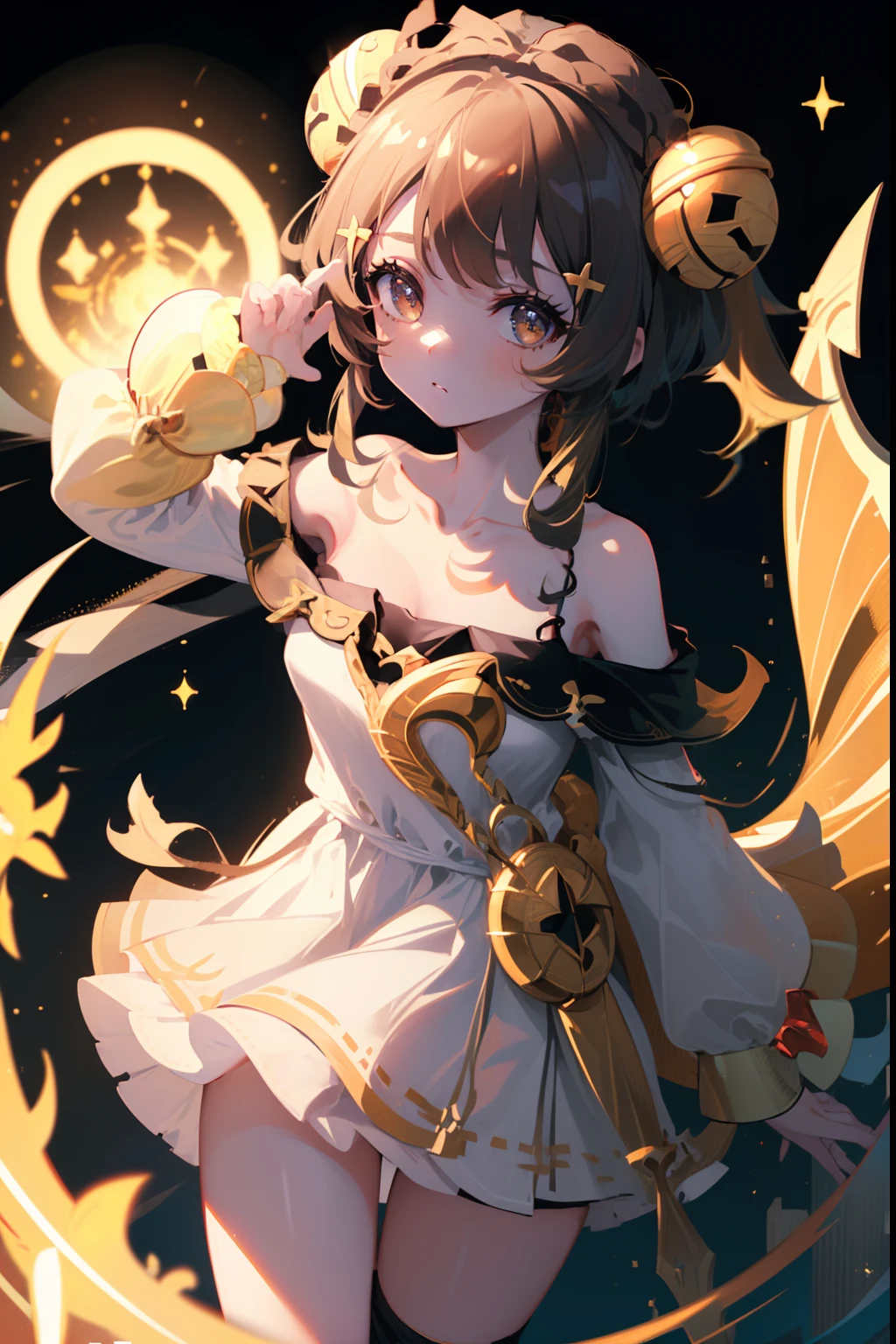 (masterpiece:1.3),(absurdres:1.3), (best quality:1.3), (ultra-detailed:1.3),(best shadow:0.7),(expressive eyes), 1girl, , petite, cute, (off shoulder aristocratic dress, collarbone, black white layered strap dress, gold trimmed, little golden crown:1.3), ((thigh visible, white skirts)), belt, (pout:0.5), (background: Circle in the background, (White background), inside circle: night cityscape, top of building view, [golden auras]),