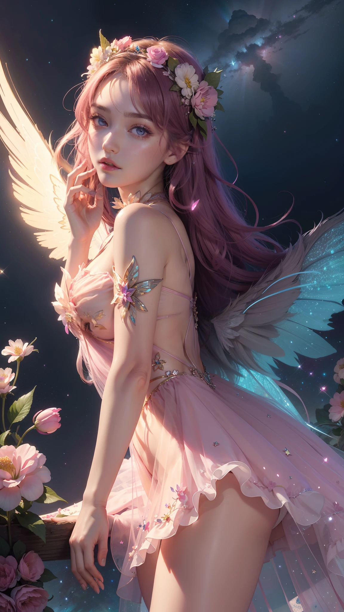 4k ultra hd, masterpiece, a girl, good face, detailed eyes, detailed lips, flower fairy girl, big wings, transparent wings, neon lights, magnificent background, pink dress, bare waist, flower crown, starry sky background, divine light, attractive pose,