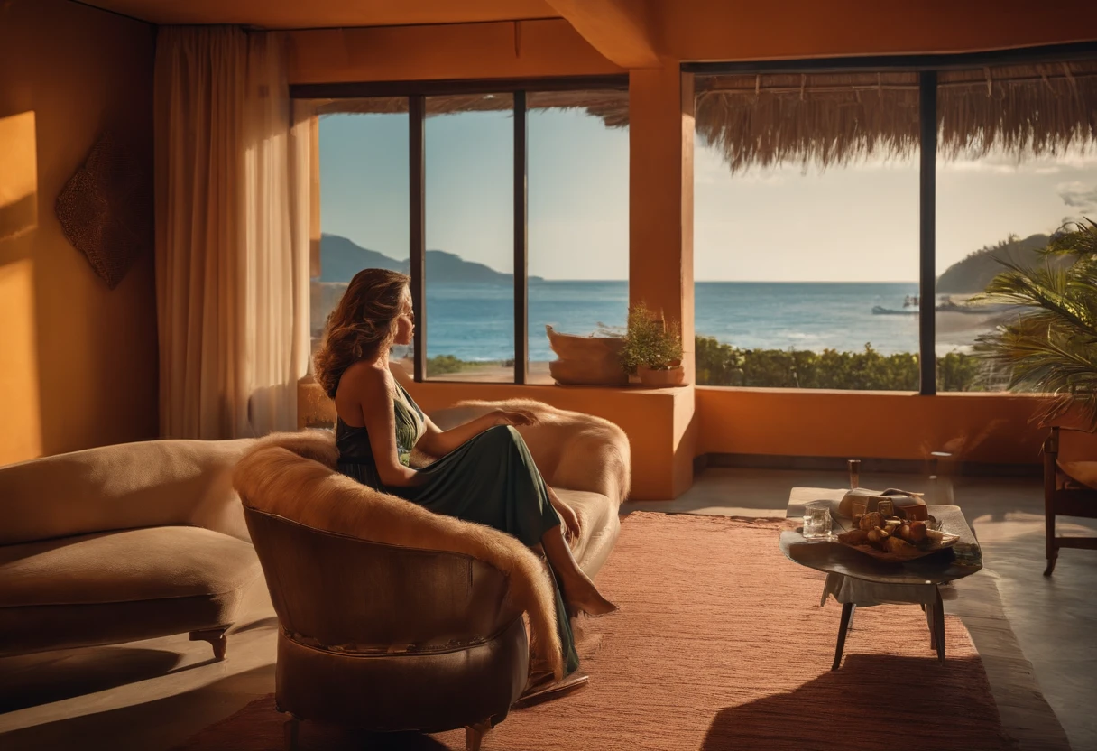 "Describe a scene in which an ordinary woman is sitting in a simple location, como uma sala de estar, while speaking enthusiastically about his investment strategies and giving accessible financial advice to the public."