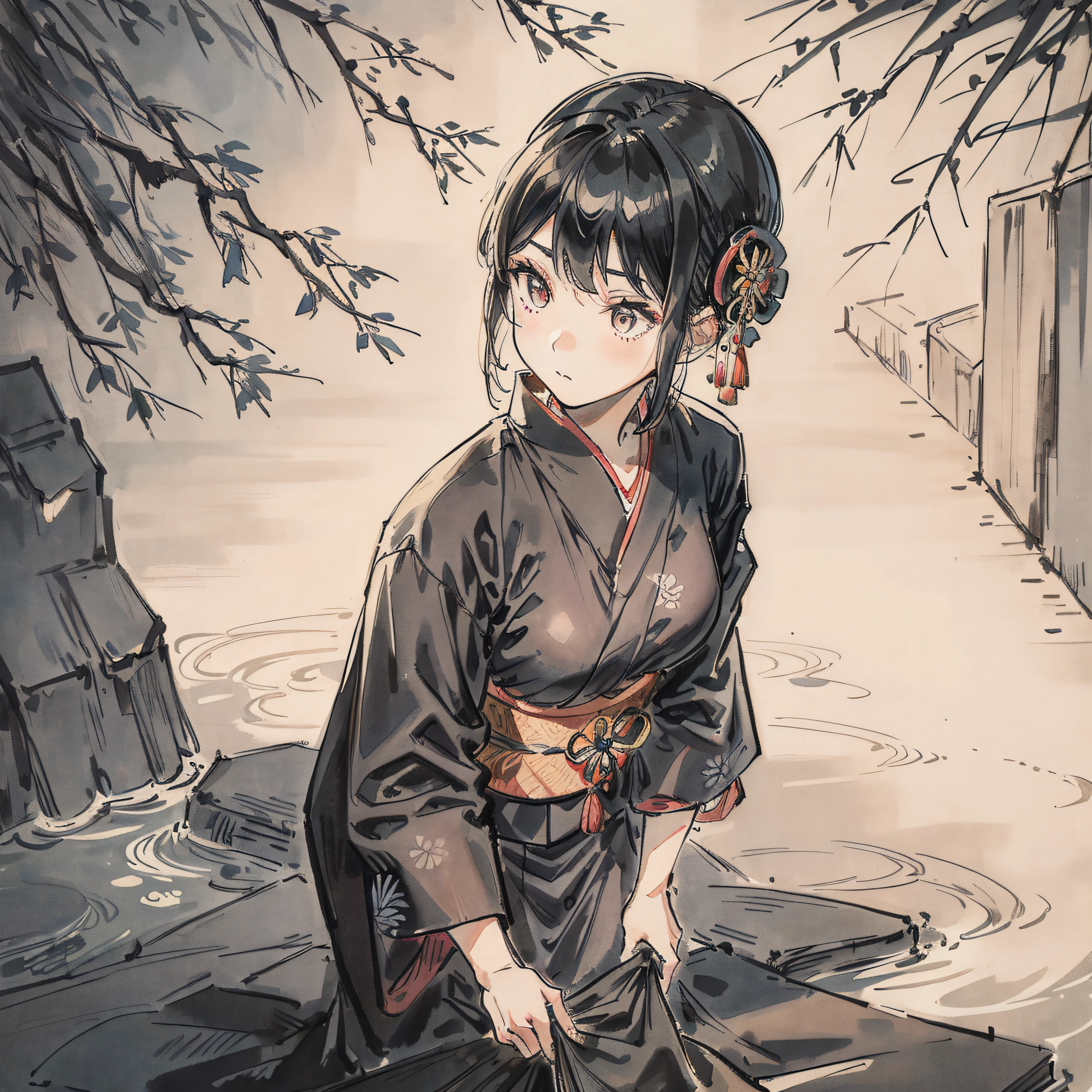 Draw even the texture of Japanese paper、Black and white woodblock prints in ink。Early Showa period、25 years old women、Wearing a patterned yukata、Women with strong self-esteem、You can also see the bamboo pole。Night streets in Kyoto、high-level image quality、Best texture、