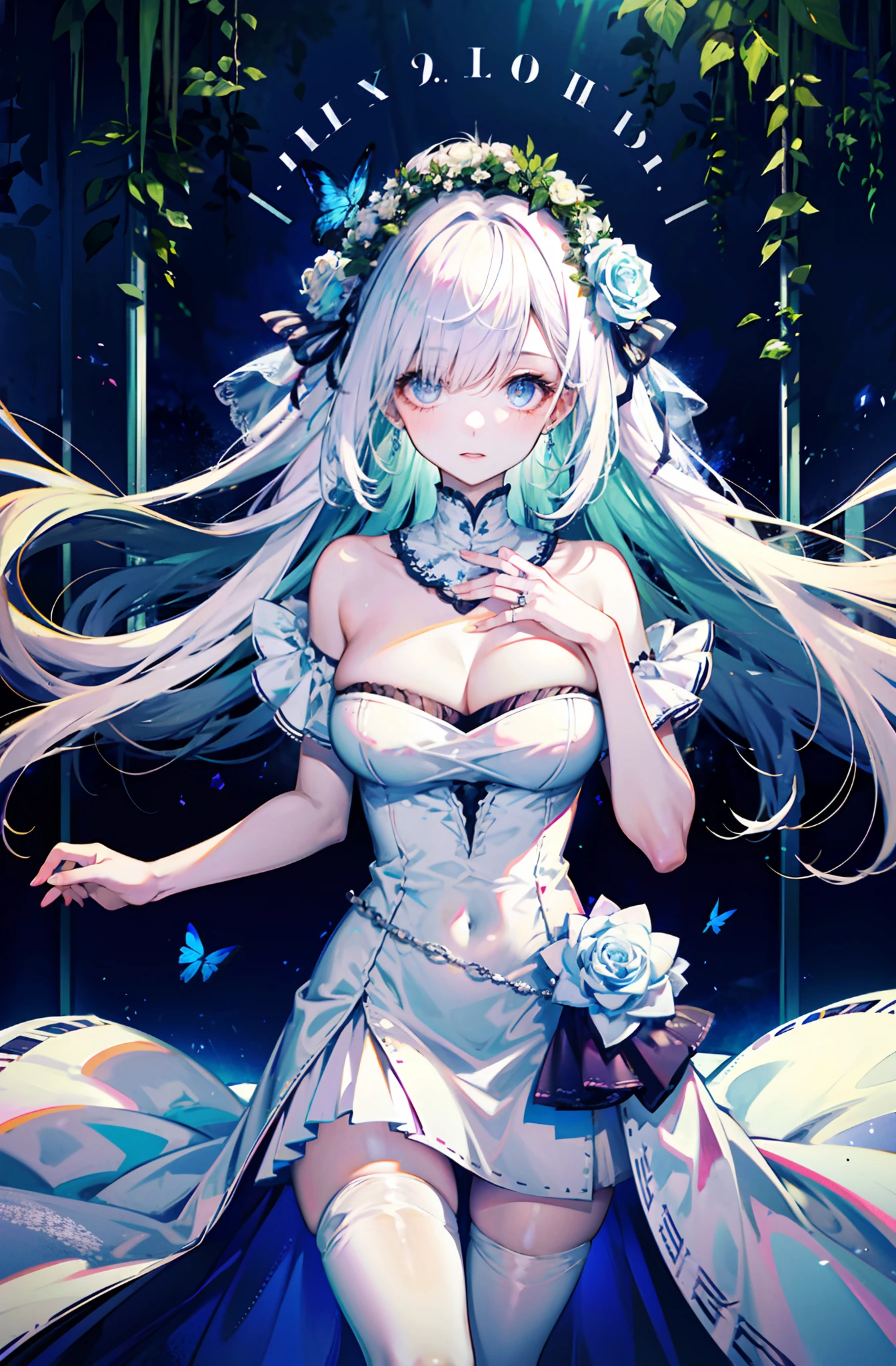 silber hair，butterflys，long whitr hair，8k wallpaper，Highest high resolution，deep v big breasts，Hair over eyes，Bandeau，Bandeau wedding dress，White rose，tight-fitting，stocklings，