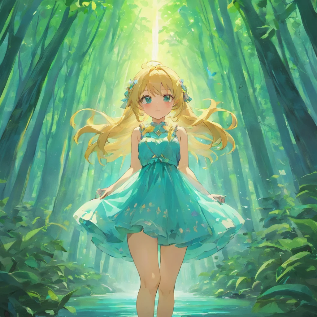 extremely delicate and beautiful girl, faerie, Long hair, Parted bangs, Braids, blondehair, Shiny hair, bright skin, Wrist cuffs, Onepiece, Sleeveless, Forest Lake, The sun shines through the trees, butterflys flying around, Iridescent butterfly wings, Walking on the surface of the water,