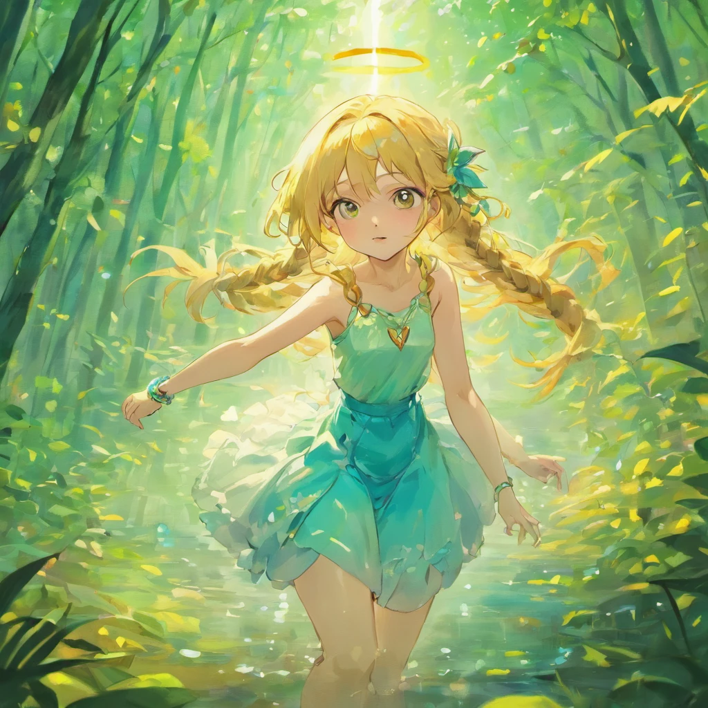 extremely delicate and beautiful girl, faerie, Long hair, Parted bangs, Braids, blondehair, Shiny hair, bright skin, Wrist cuffs, Onepiece, Sleeveless, Forest Lake, The sun shines through the trees, butterflys flying around, Iridescent butterfly wings, Walking on the surface of the water,