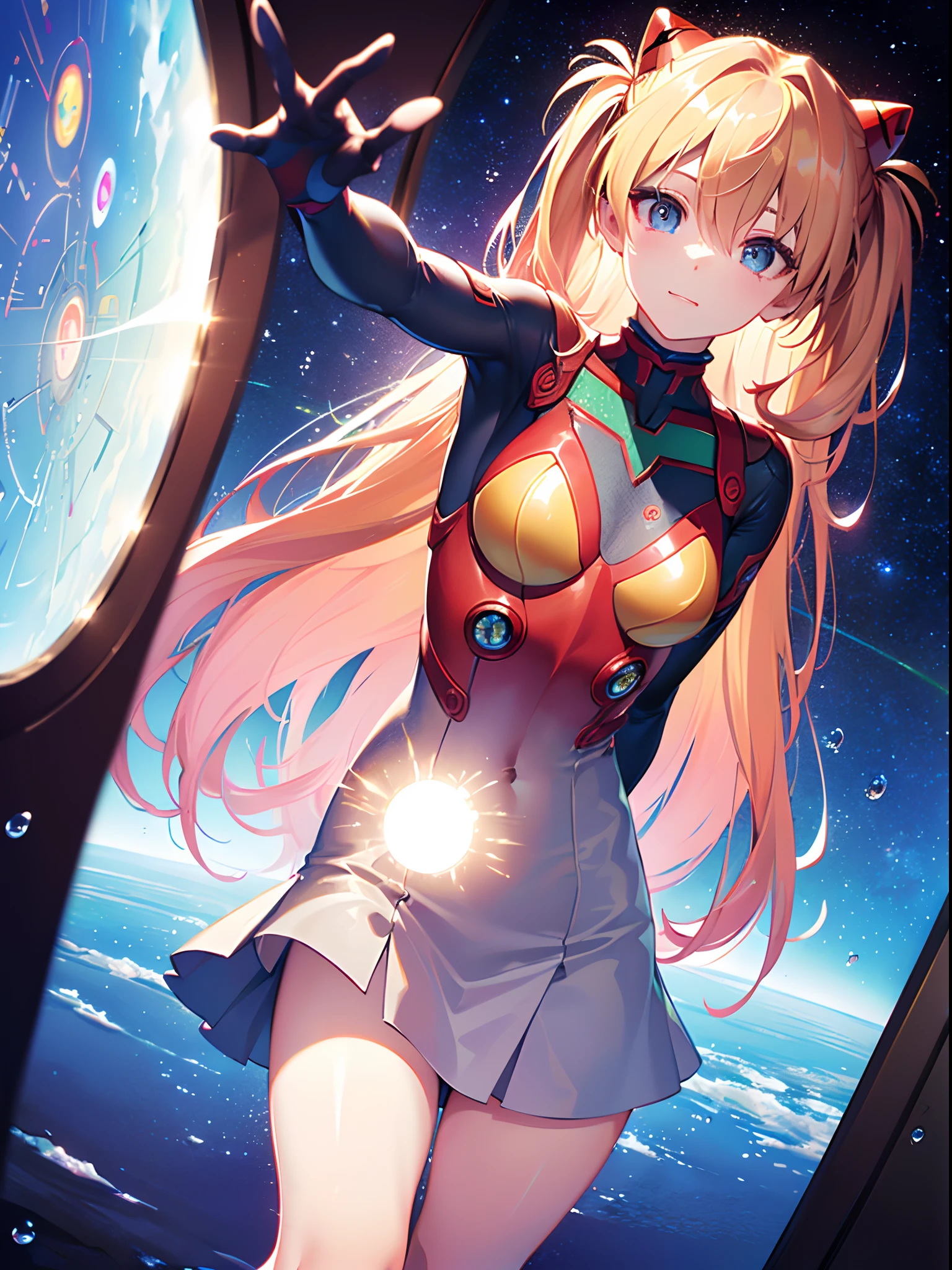 ((souryuu asuka langley,headgear,grey sundress,sexy thighs,Blonde,side twintails)),(Glowing eyes:1.233), diffuse reflection, high-profile, majestic,(standing,outstretched hands,blushing,adorable face,bishoujo,kawaii,)(Beautiful and detailed eyes:1.3),2girl,(Masterpiece,Best quality, offcial art,Target the audience, Beautiful and aesthetic:1.2),(超高分辨率,Golden ratio), (4K),(looking from above,bent over),(((mirrors,))),((Wariza:0.7)),Floating hair, (((Blue planet,butterfly mountain,raindrops,rainbow,blooming,glowing light),cinematic lighting,natural lighting,good lighting,ray tracing,Greatest optical vision painting)),(photo maping, Physically-based rendering,automatic white balance),Amazing,Sharp focus,(((holographic))), (((high detailed skin,)))Dynamic lighting,Intricately detailed clothing,Watery eyes,(masterpiece sidelighting),(busty body,a sexy girl,The sheen),[[Delicate fingers and hands:0.55]::0.85],(Detail fingers),((((BREAK,Design an image with a fisheye lens effect, capturing a wide field of view with a distinctive, curved perspective.BREAK,)))Superior photographic quality,((extremely_Detailed_Eyes_and_face)),(Disheveled hair),Movie girl,Brilliant,drifting Nebula,ethereal, glossy ,striking contrast,high saturation