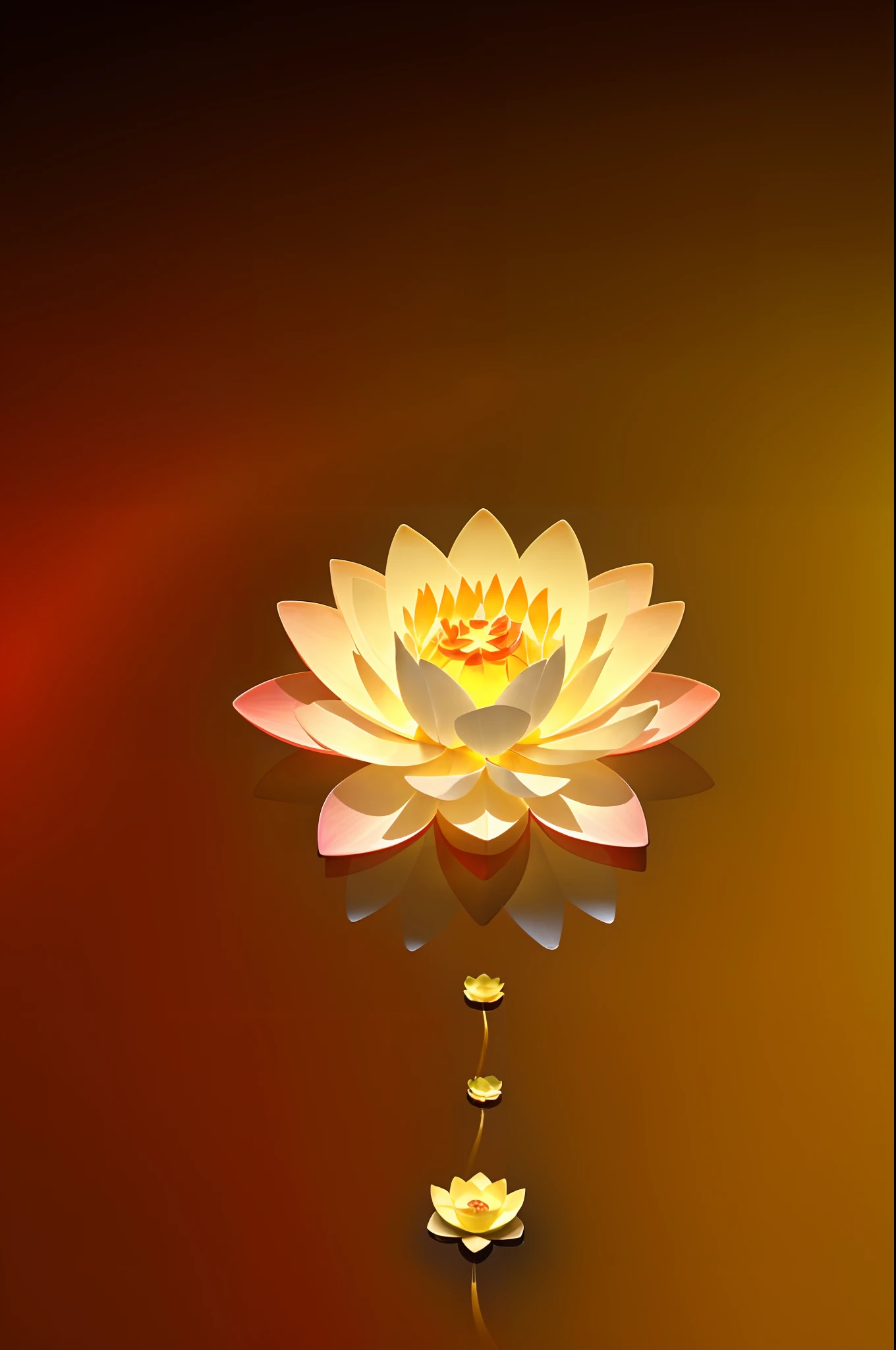 Enlightened mind, Red shades from orange to gold. About the rainbow-colored lotus spirit flower, And floats on transparency, Transparent water, Gold gradient background with light transparency. Golden energy flows from the flower core.