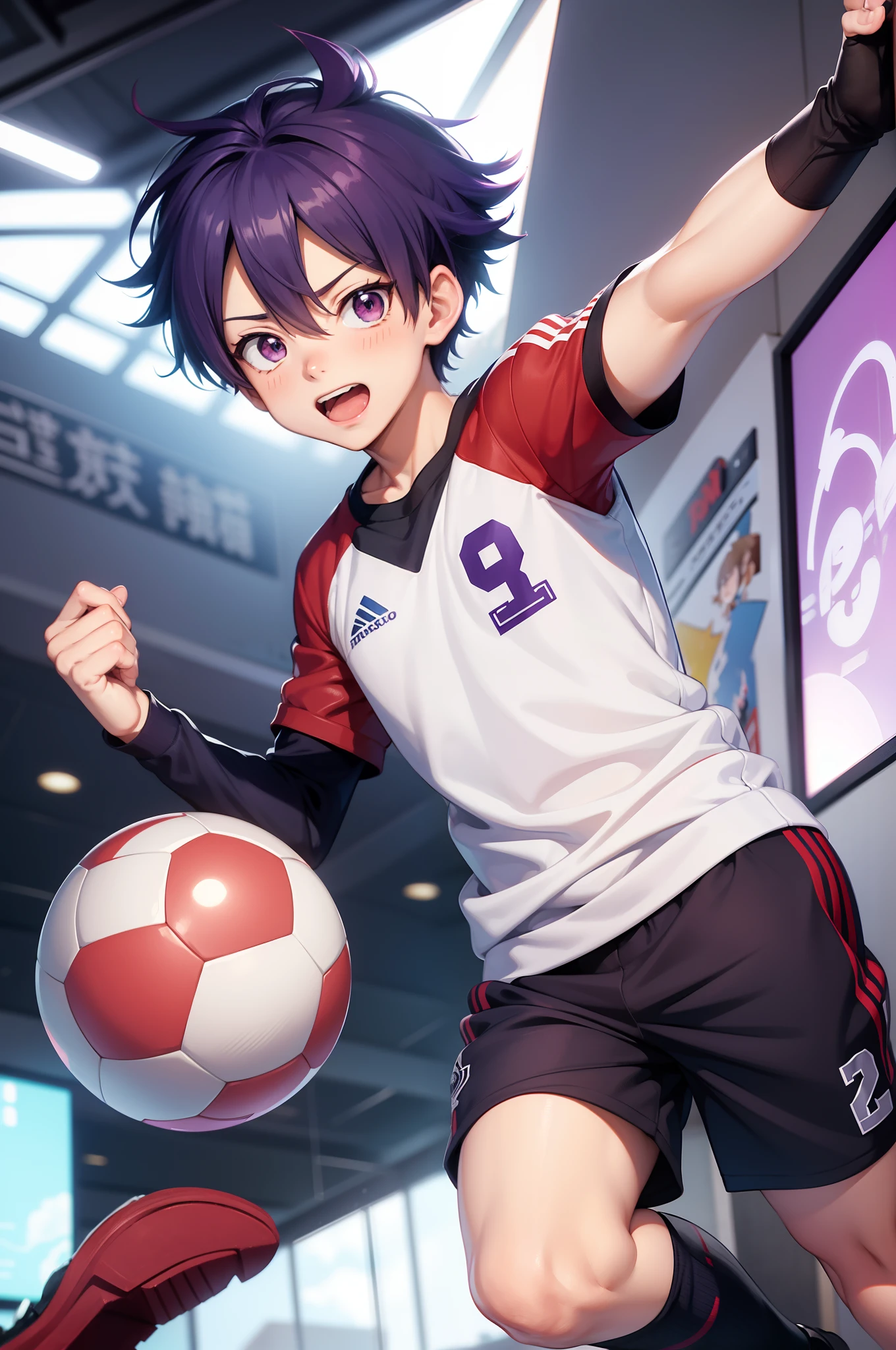 todoroki my hero academia,(****** anime), chutando uma bola de futebol com um fundo roxo, soccer uniform, cabelo roxo