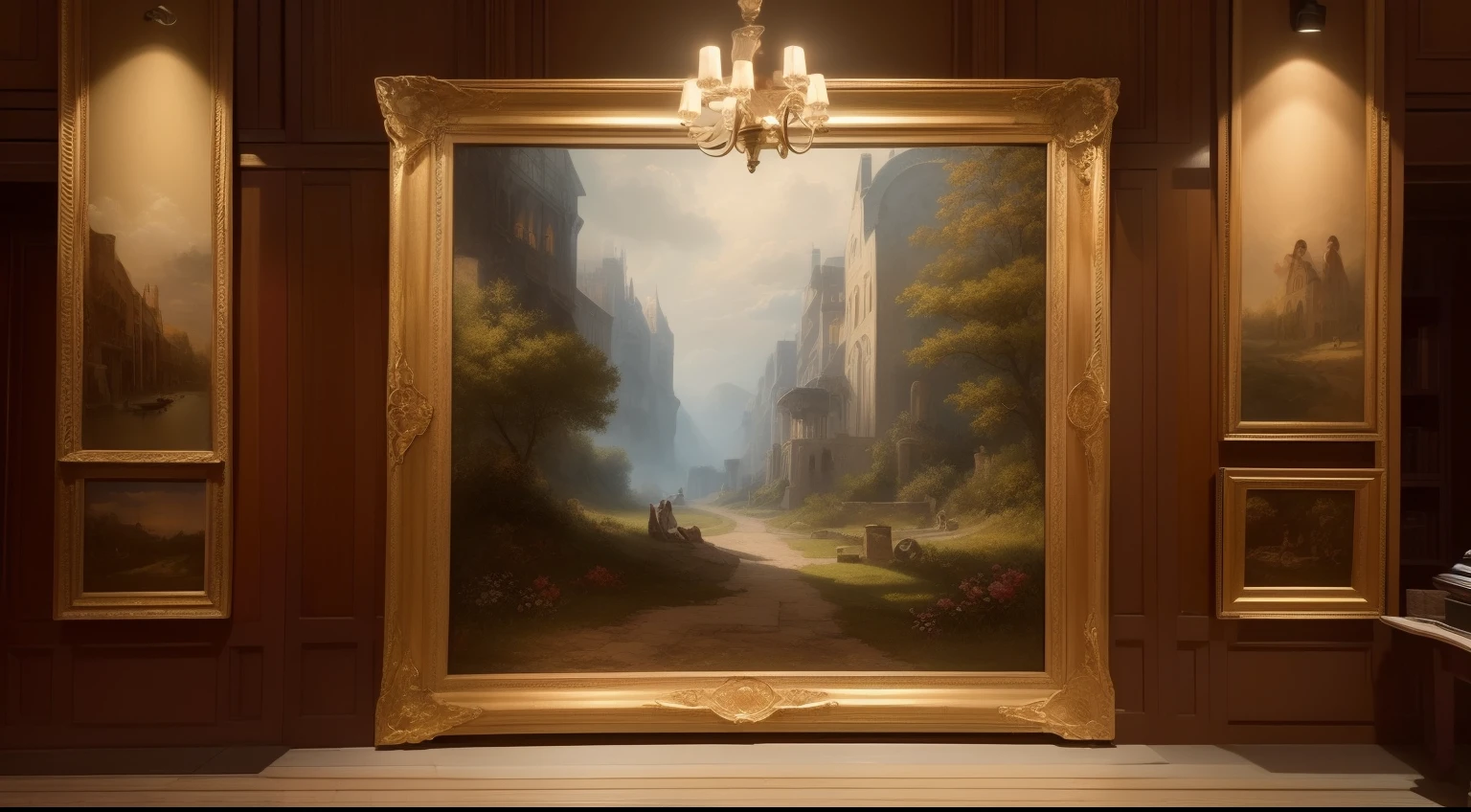 (Best Quality, high resolucion, Masterpiece:1.2), detailed painting, Dozens of frames hanging on the wall, Movie scenes in each frame, Different art styles, vibrant colours, Eye-catching lighting, intriciate detail, immersive atmosphere