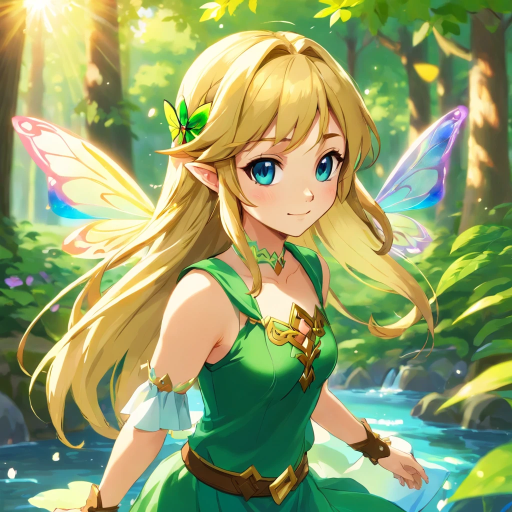 extremely delicate and beautiful girl, faerie, Long hair, Parted bangs, Braids, blondehair, Shiny hair, bright skin, Wrist cuffs, Onepiece, Sleeveless, Forest Lake, The sun shines through the trees, butterflys flying around, Iridescent butterfly wings, Walking on the surface of the water,