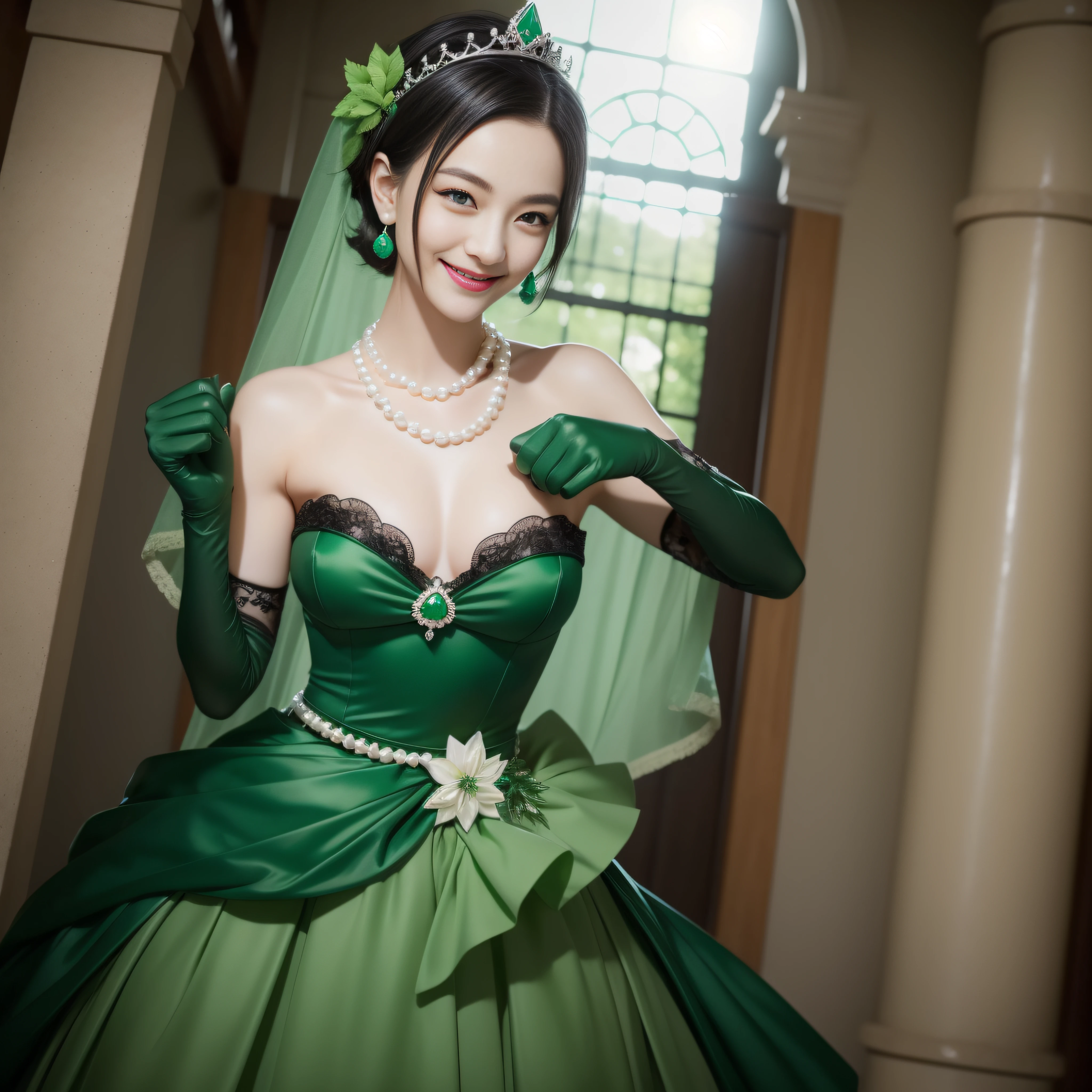 Boyish very short black hair, lipsticks, Japan woman smiling, Green Long Grove,　emerald tiara, Pearl Necklace, verd s eyes, Green eyes