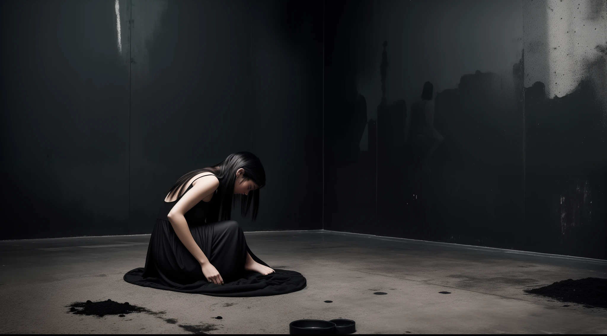 a dark room, Girl in black clothes sitting on the floor, The floor is filled with black resin, Walls in black resin, Girl on her knees, Nudie, sad face, Panoramic Scene, Gloomy dark colors, dim lighting, mist, Grain, artstyle,