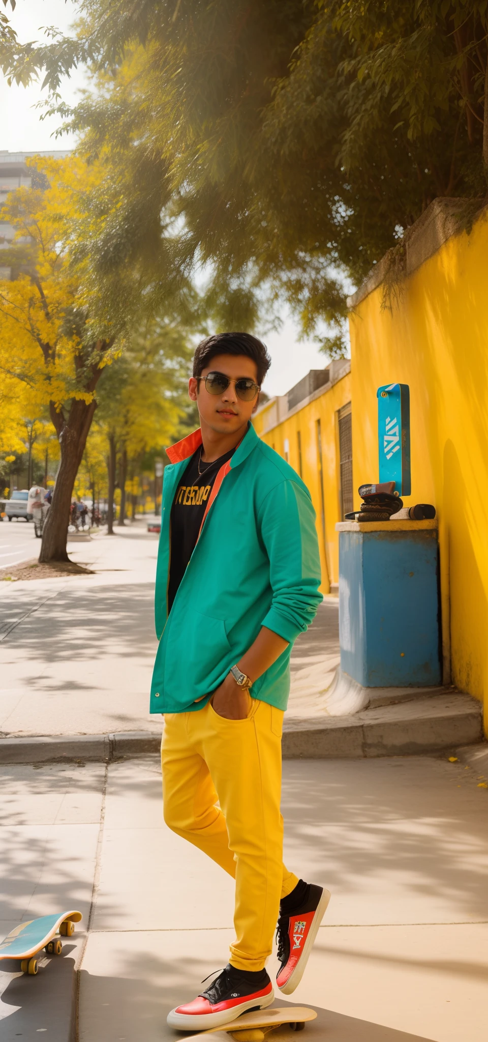 there is a man standing on a sidewalk with a skateboard, ayan nag, with a cool pose, colorful picture, stylish pose, very very low quality picture, with lovely look, shot on nikon z9, * colour splash *, in sunny weather, taken with sony alpha 9, very artistic pose, candid picture, viral post, with accurate face background change,